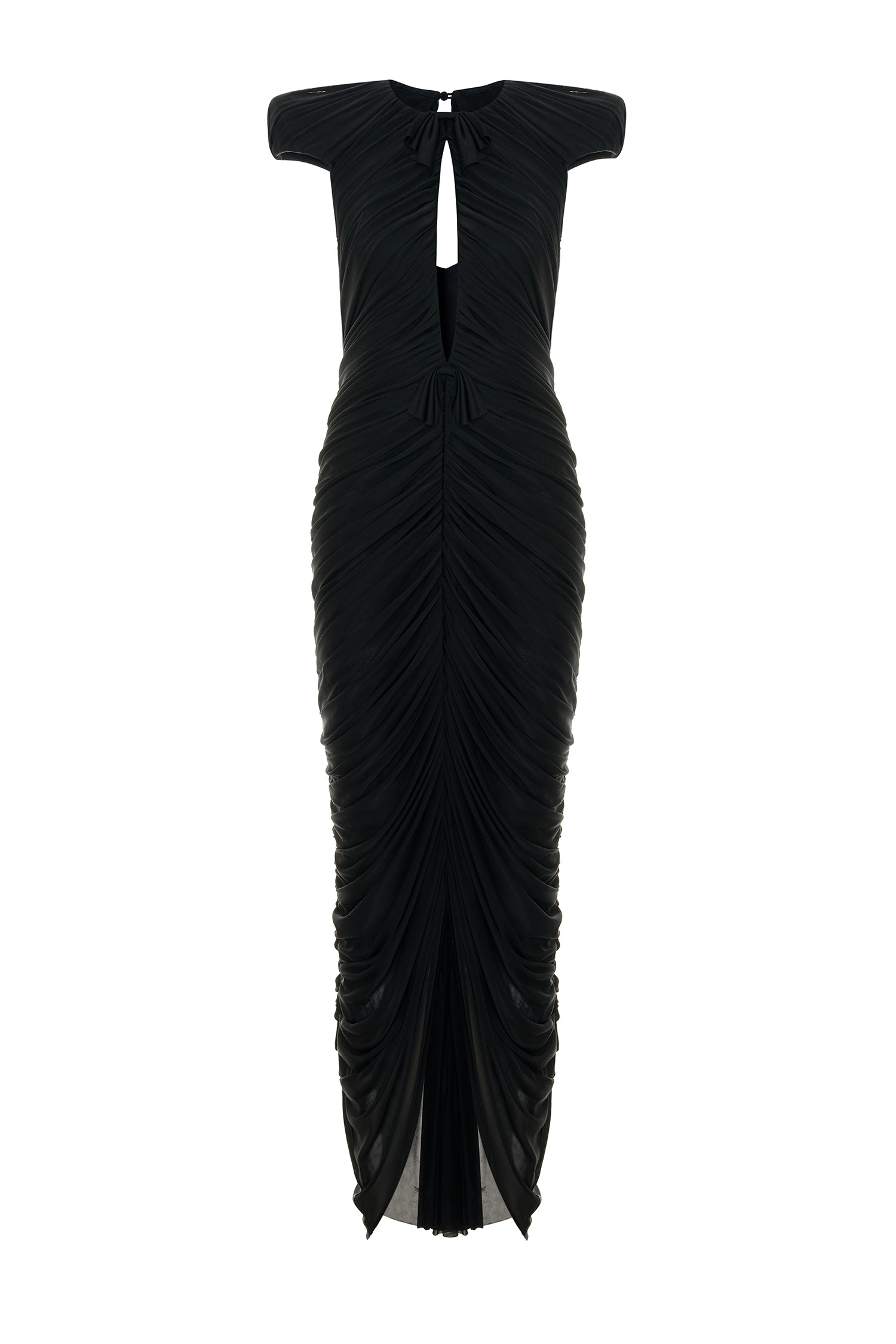 Sculptural-shoulder Draped Maxi Dress in Black