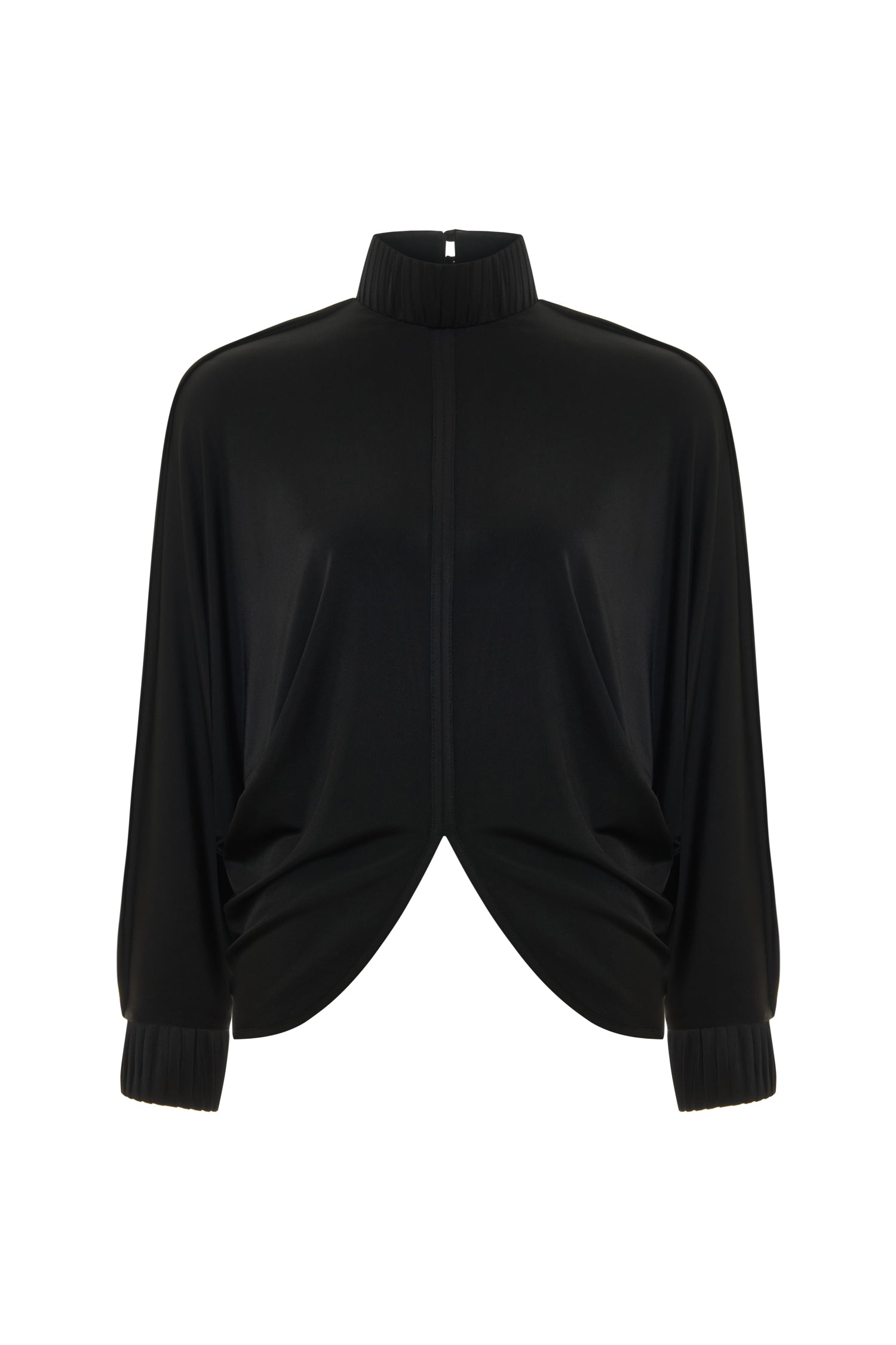 Drape-detail High-neck Batwing Sleeve Blouse in Black
