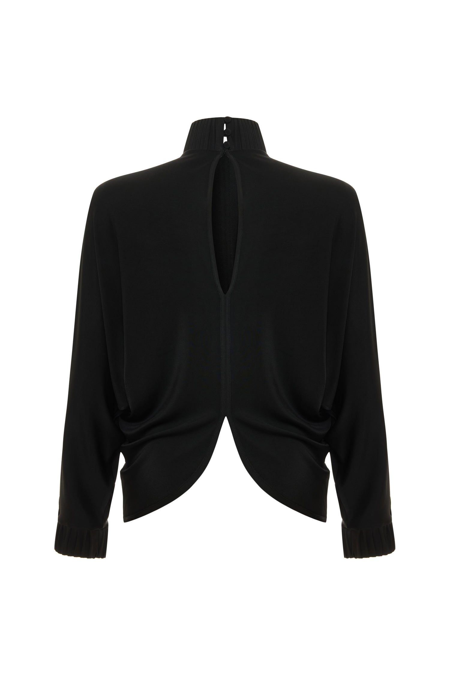 Drape-detail High-neck Batwing Sleeve Blouse in Black