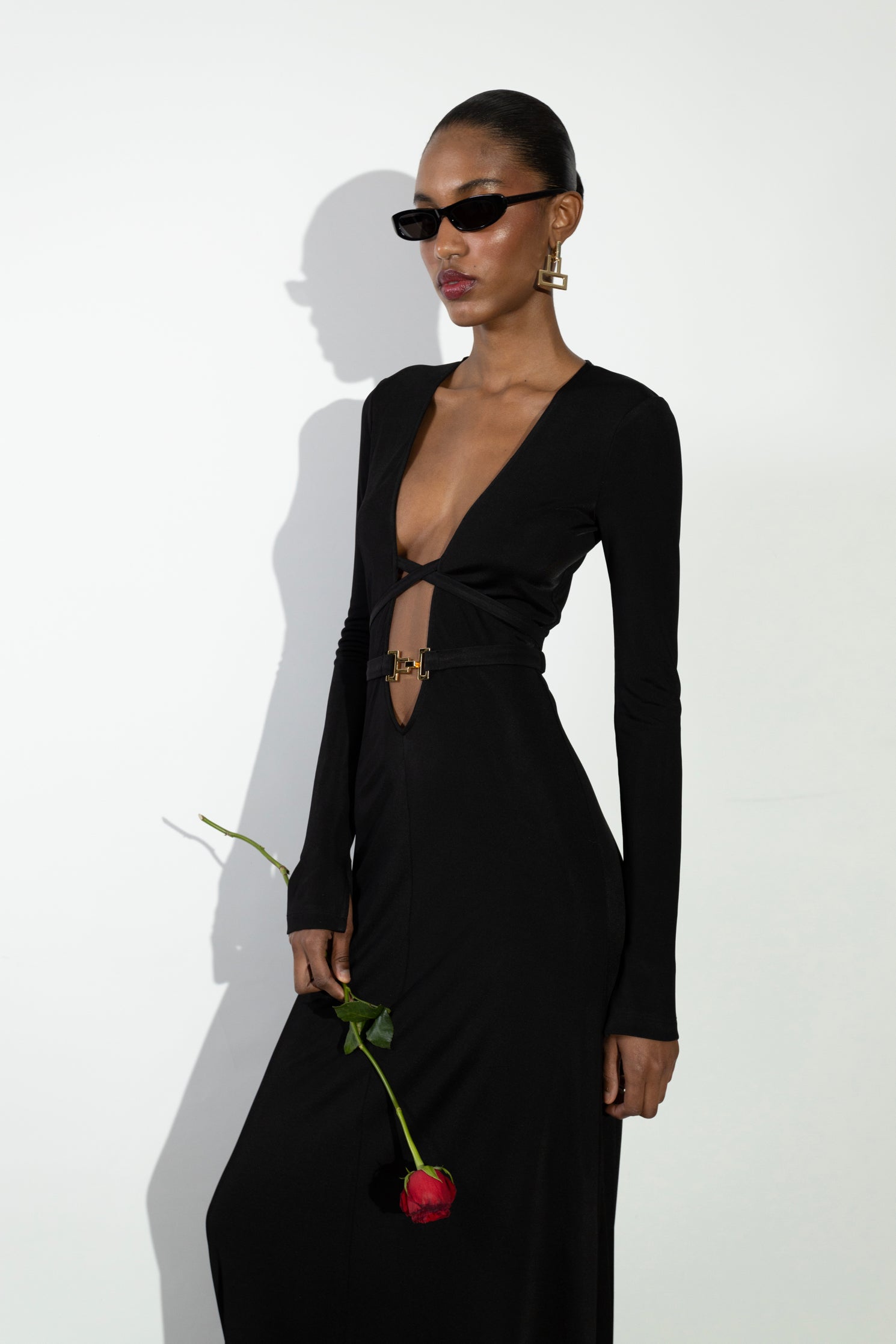 'Aida' Low vneck buckled detailed jersey dress