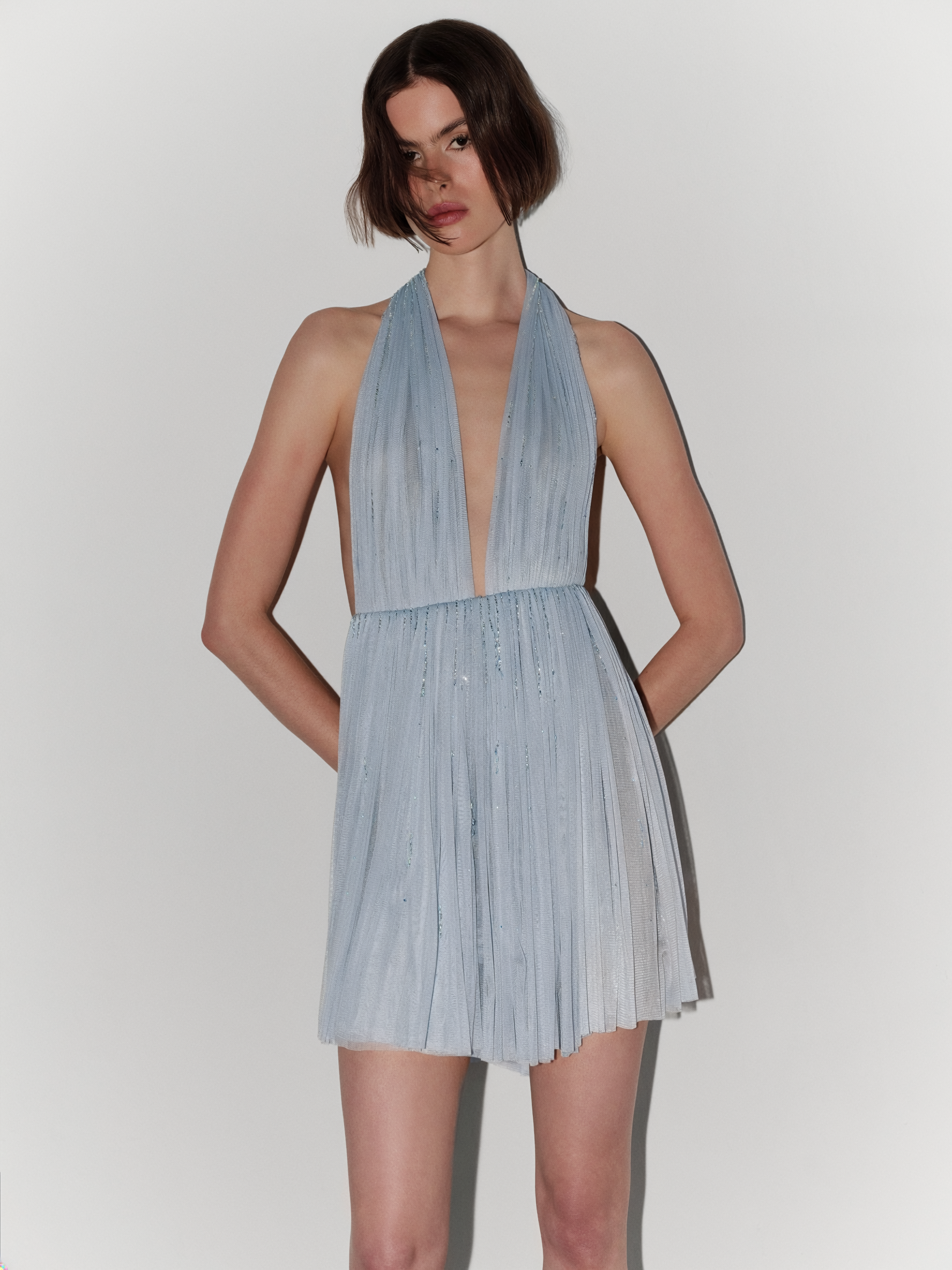 Halter-Neck Hand-Embroidered Silk Tulle Couture Mini Dress In Blue