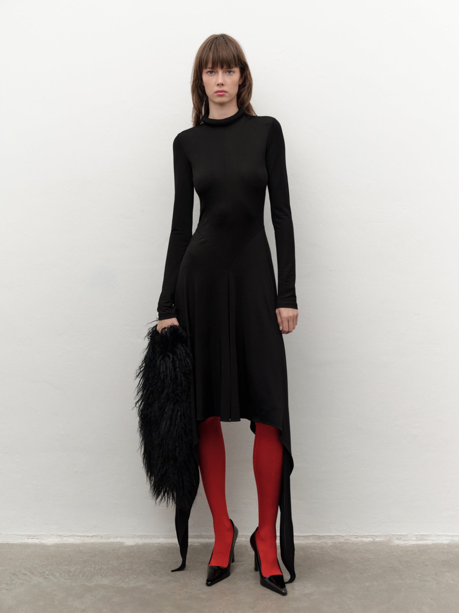 Asymmetric-style Skirted Midi Dress in Black