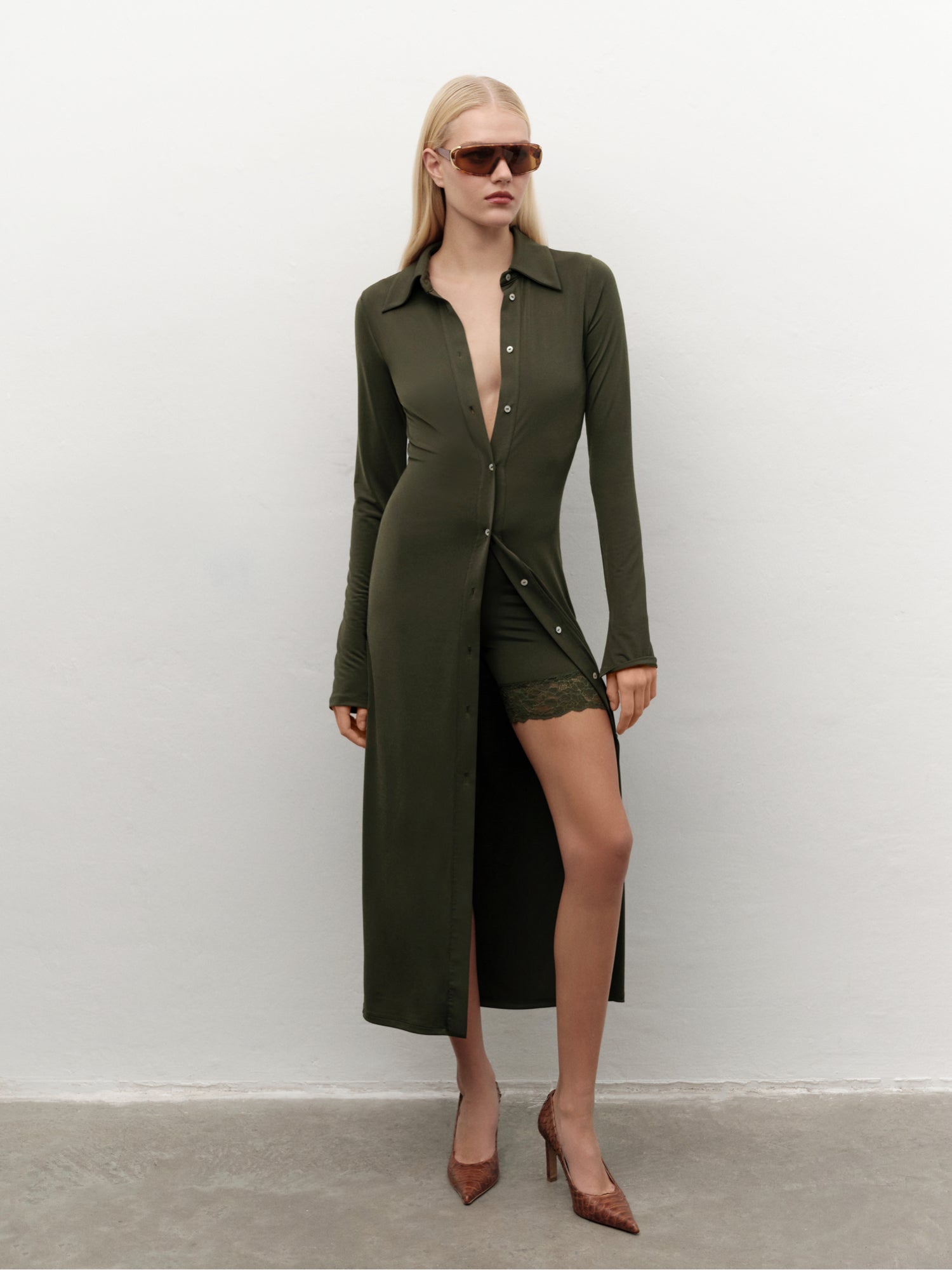 Midi Shirt Dress in Khaki