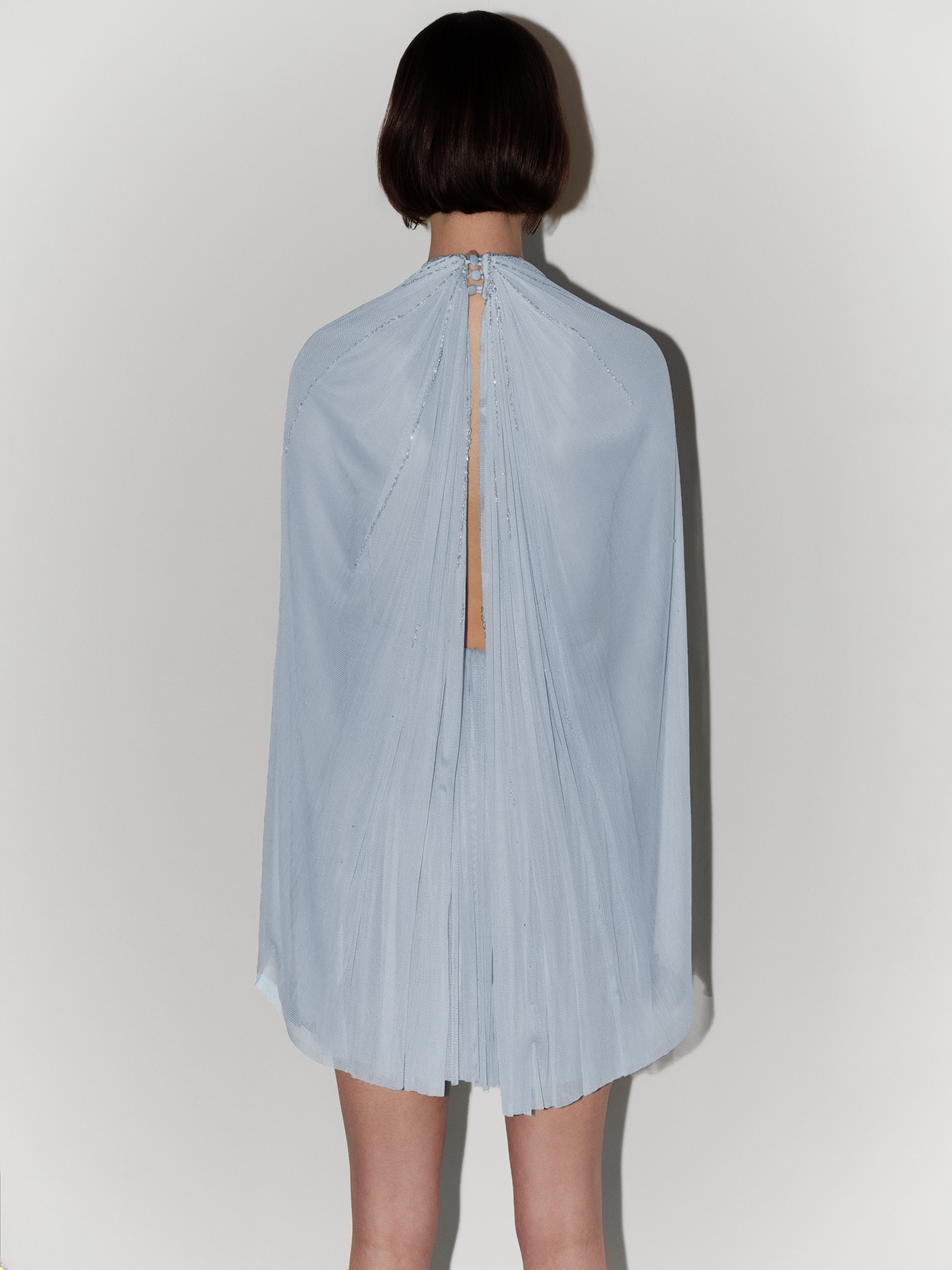 Halter-Neck Hand-Embroidered Silk Tulle Couture Mini Dress In Blue
