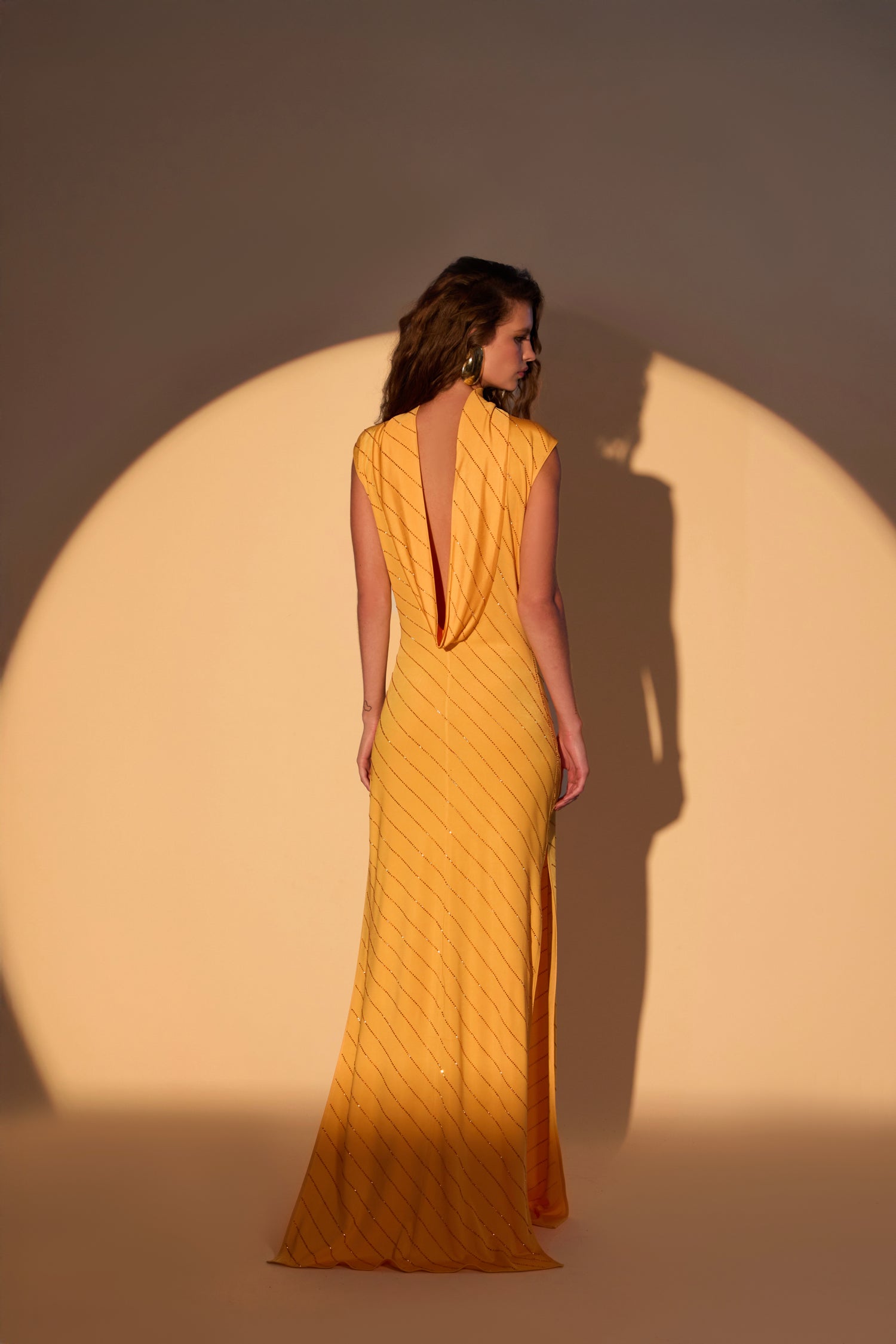 'Halley' Crystal printed jersey open back maxi dress