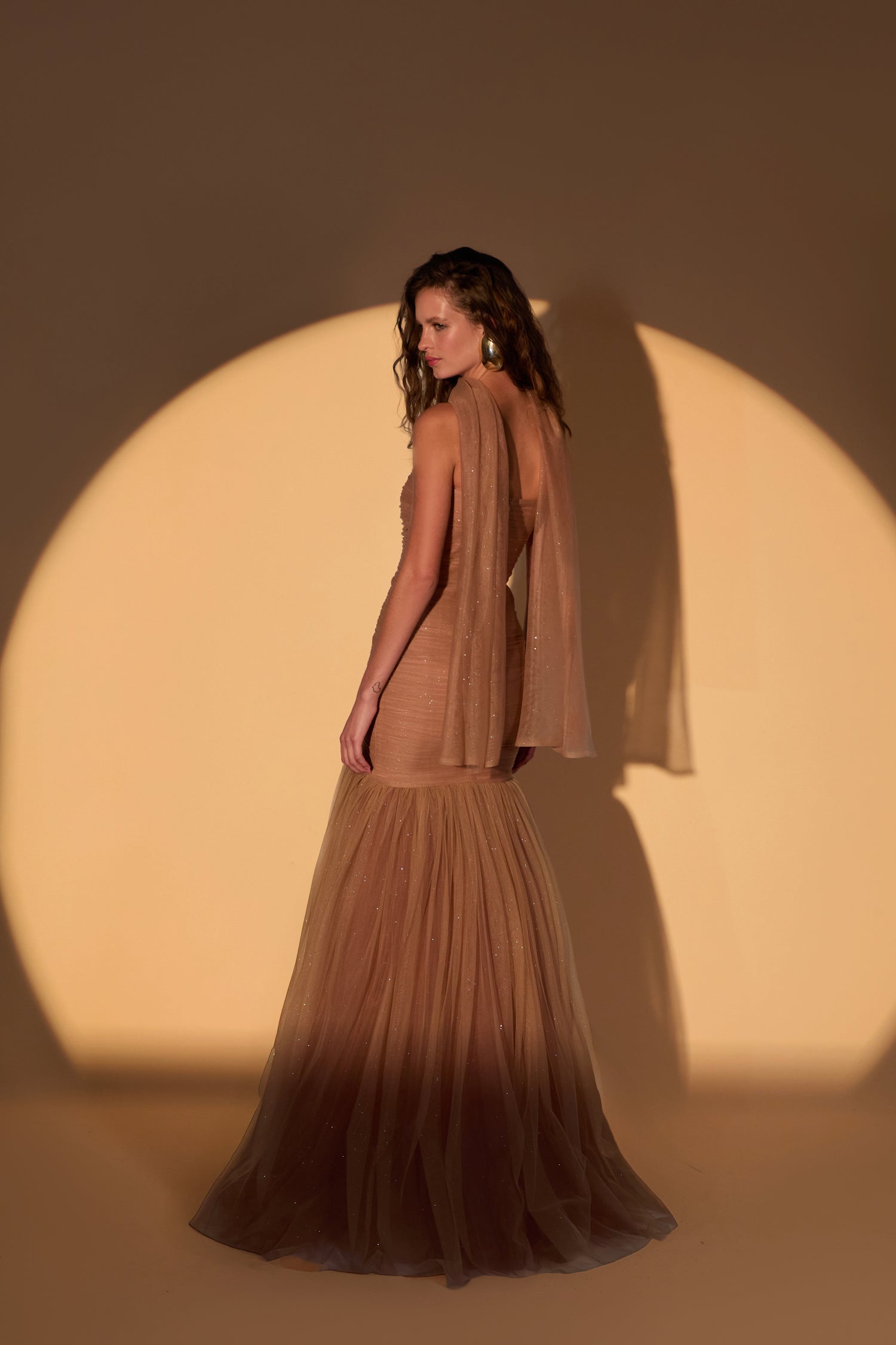 'Leia' Glitter printed tulle strapless draped maxi dress