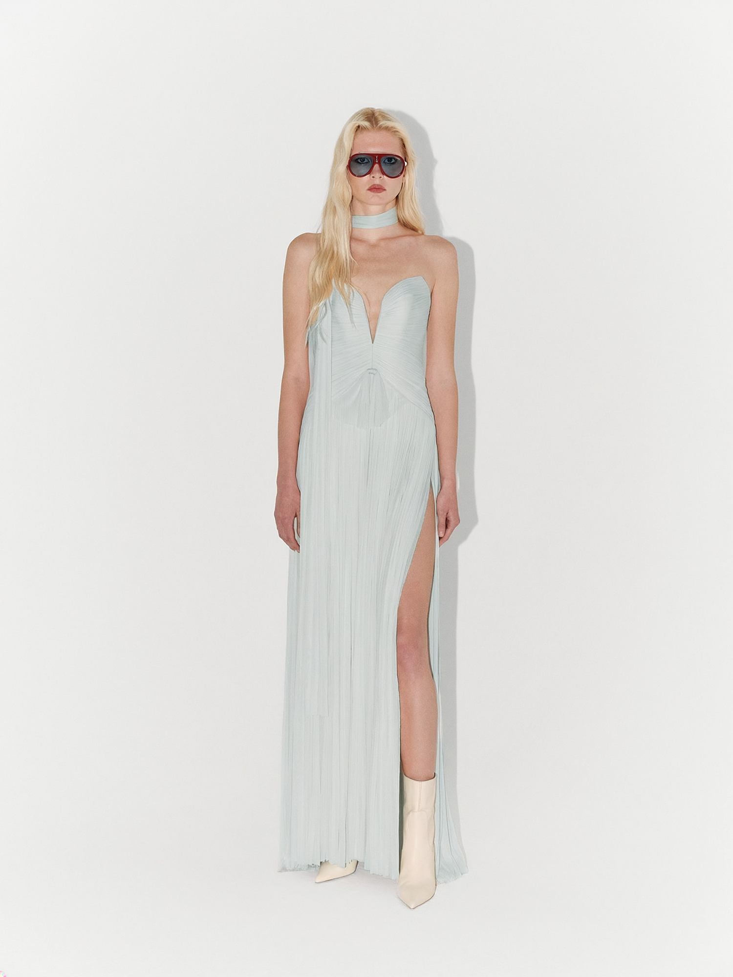 Silk Tulle Flowing Couture Gown In Light Blue