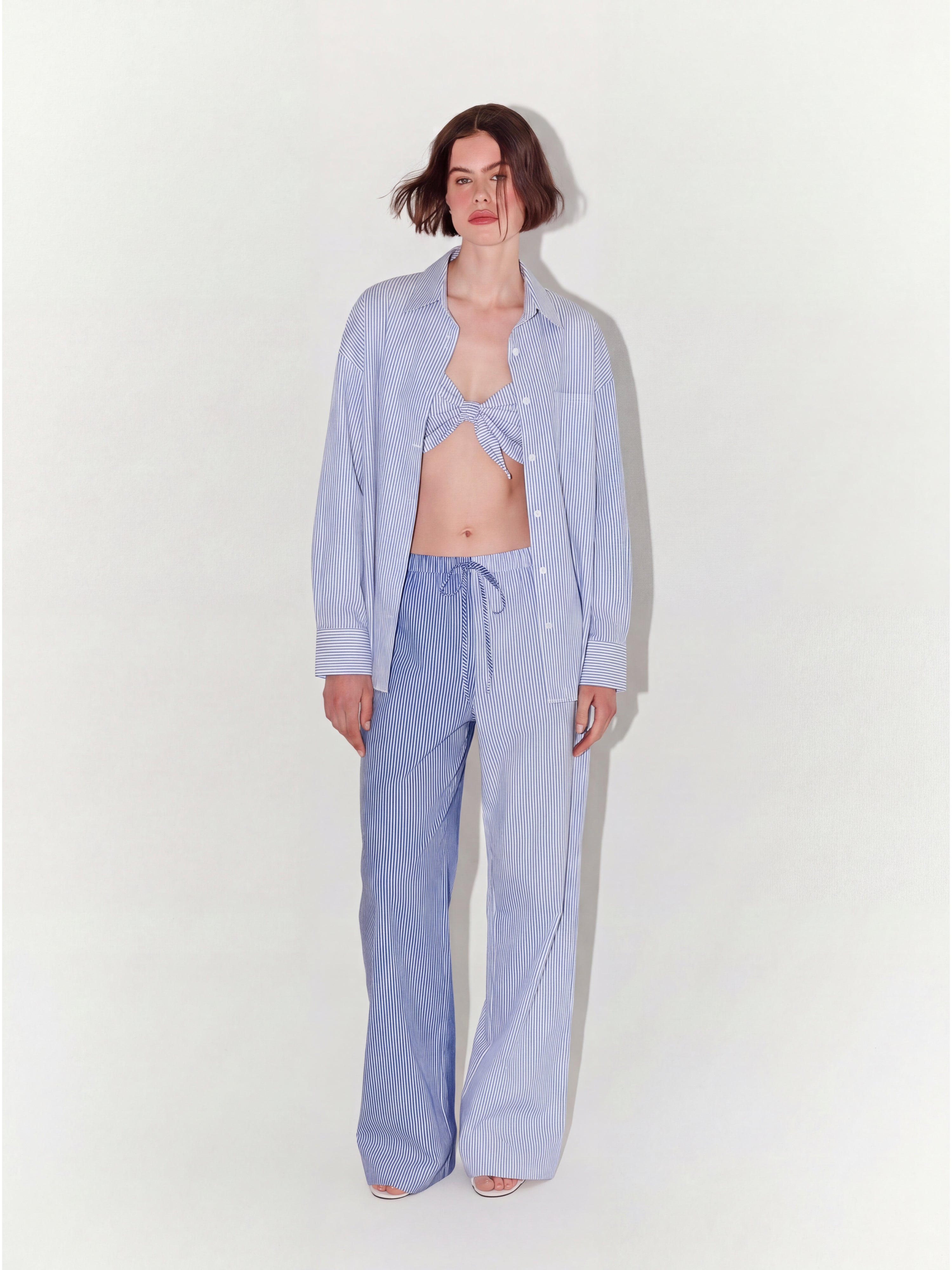 Contrast Leg Striped Loungewear Set In Blue and White