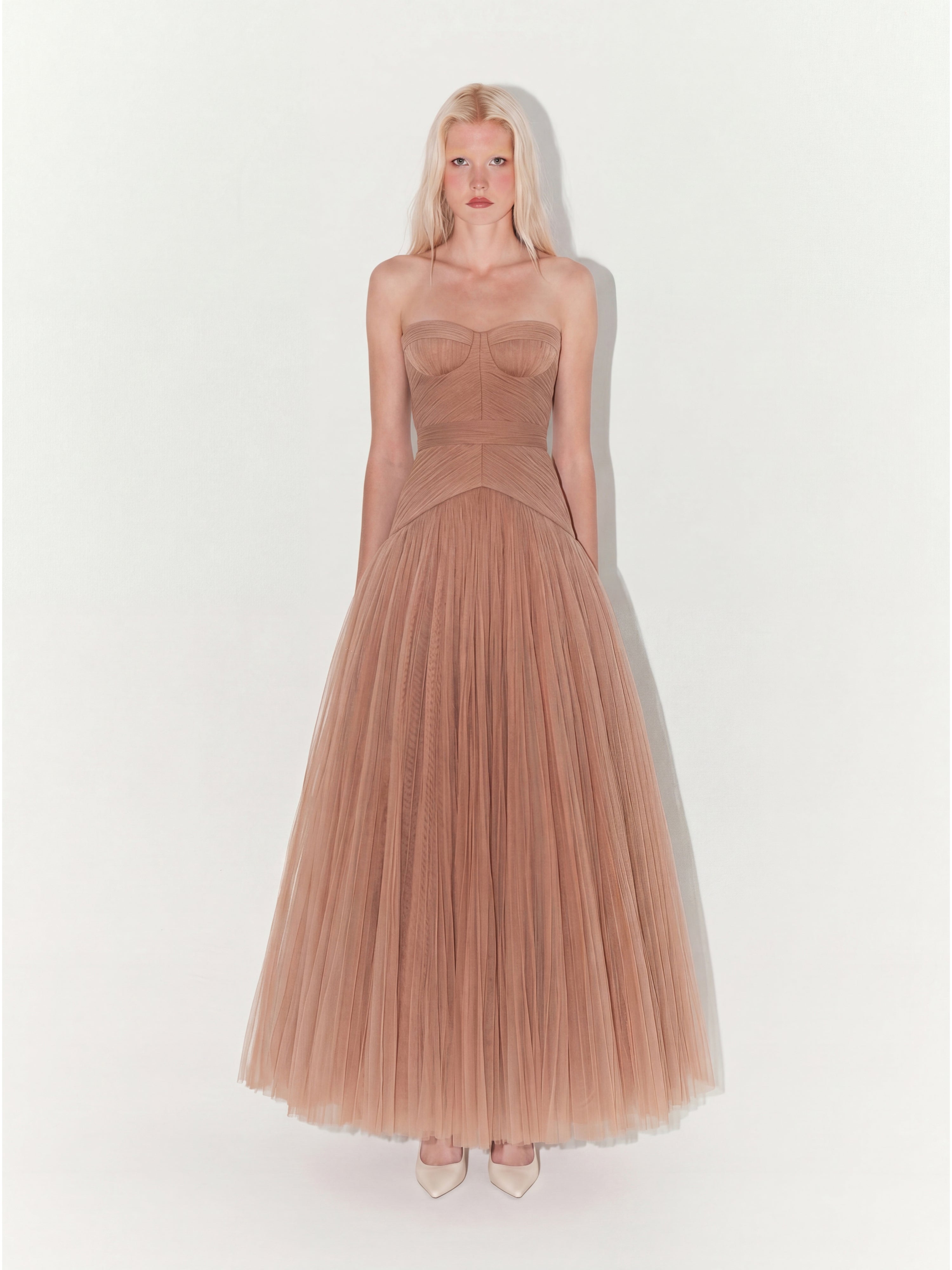 Strapless Midi Tulle Dress in Nude