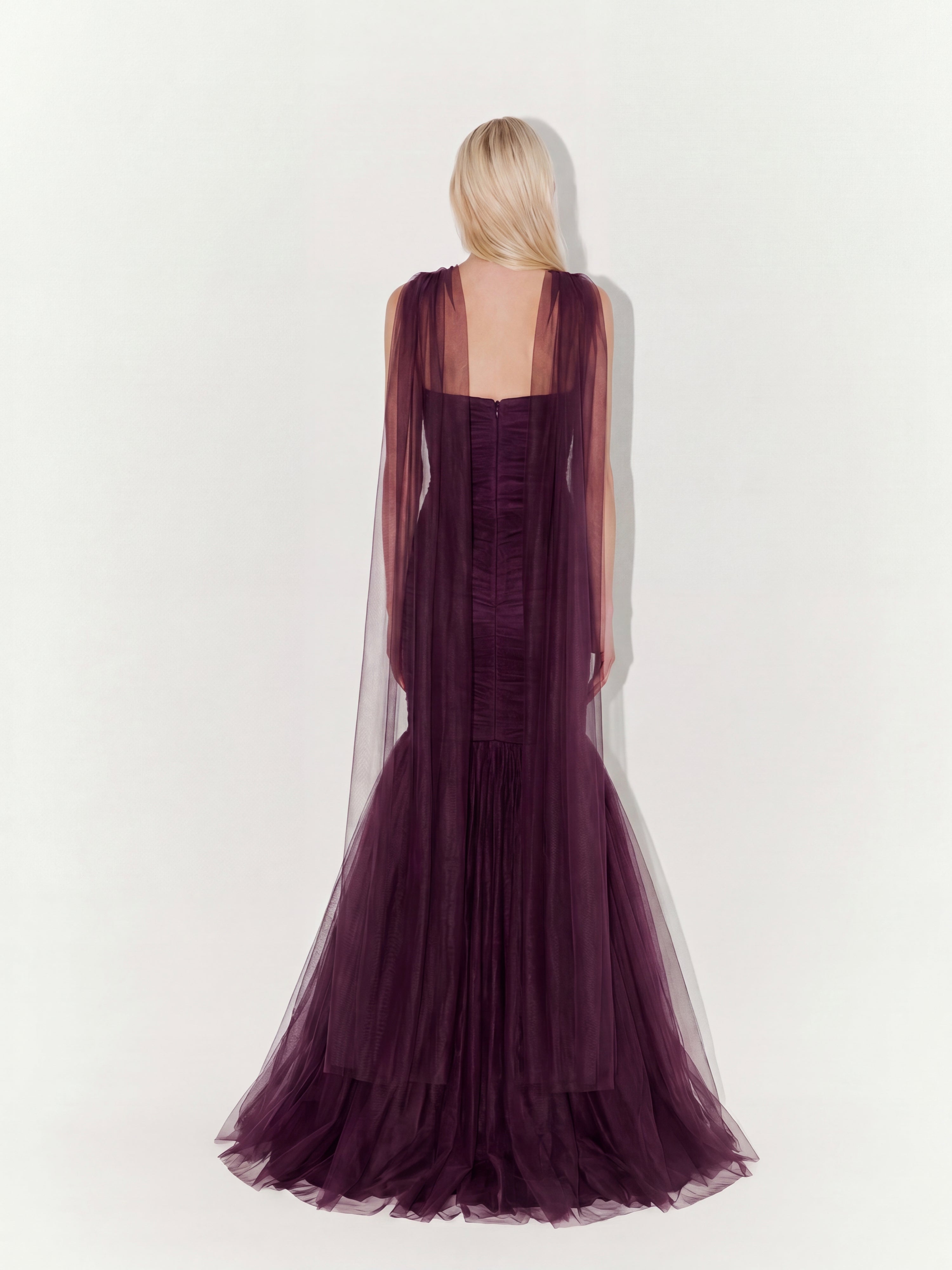Draped Strapless Tulle Gown with Scarf In Purple