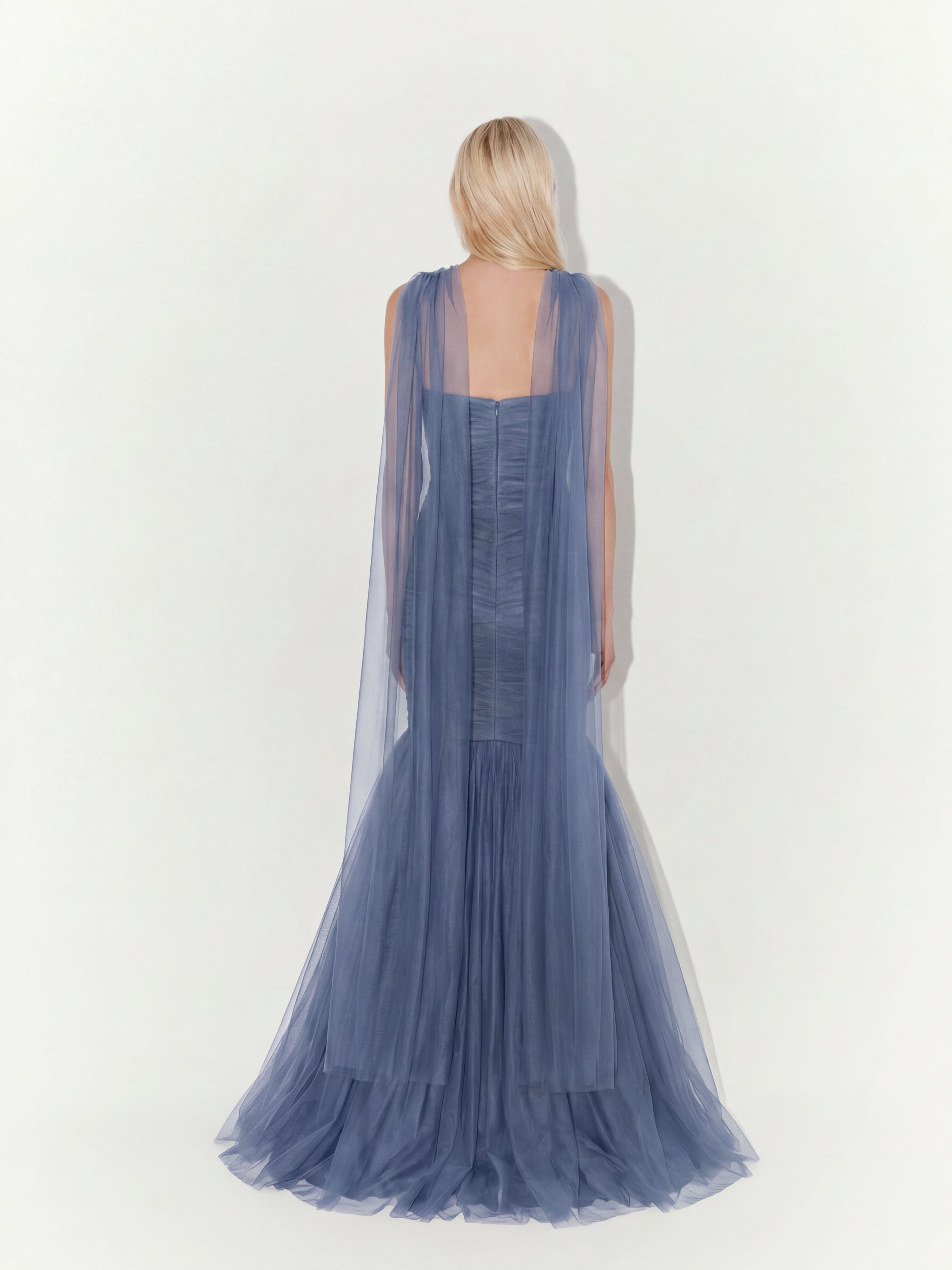 Draped Strapless Tulle Gown with Scarf In Blue