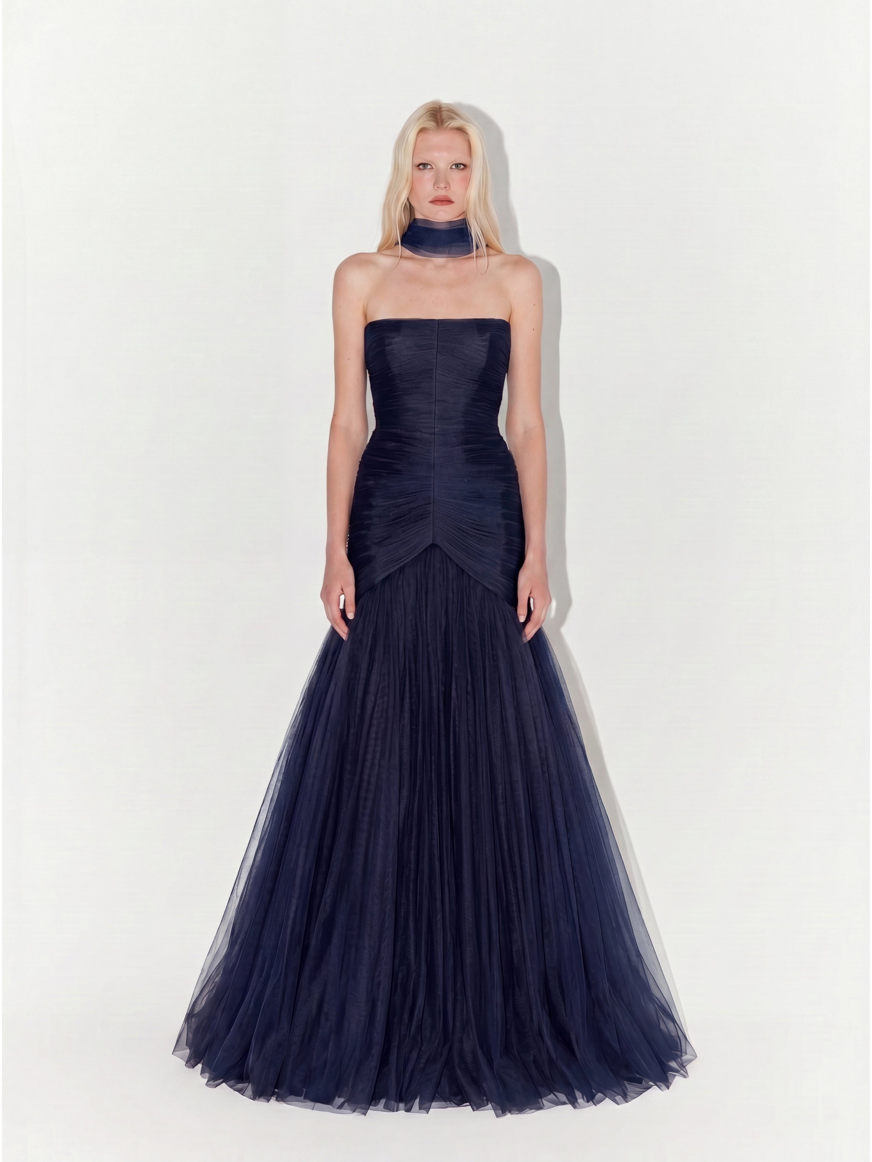 Draped Strapless Tulle Gown with Scarf In Navy