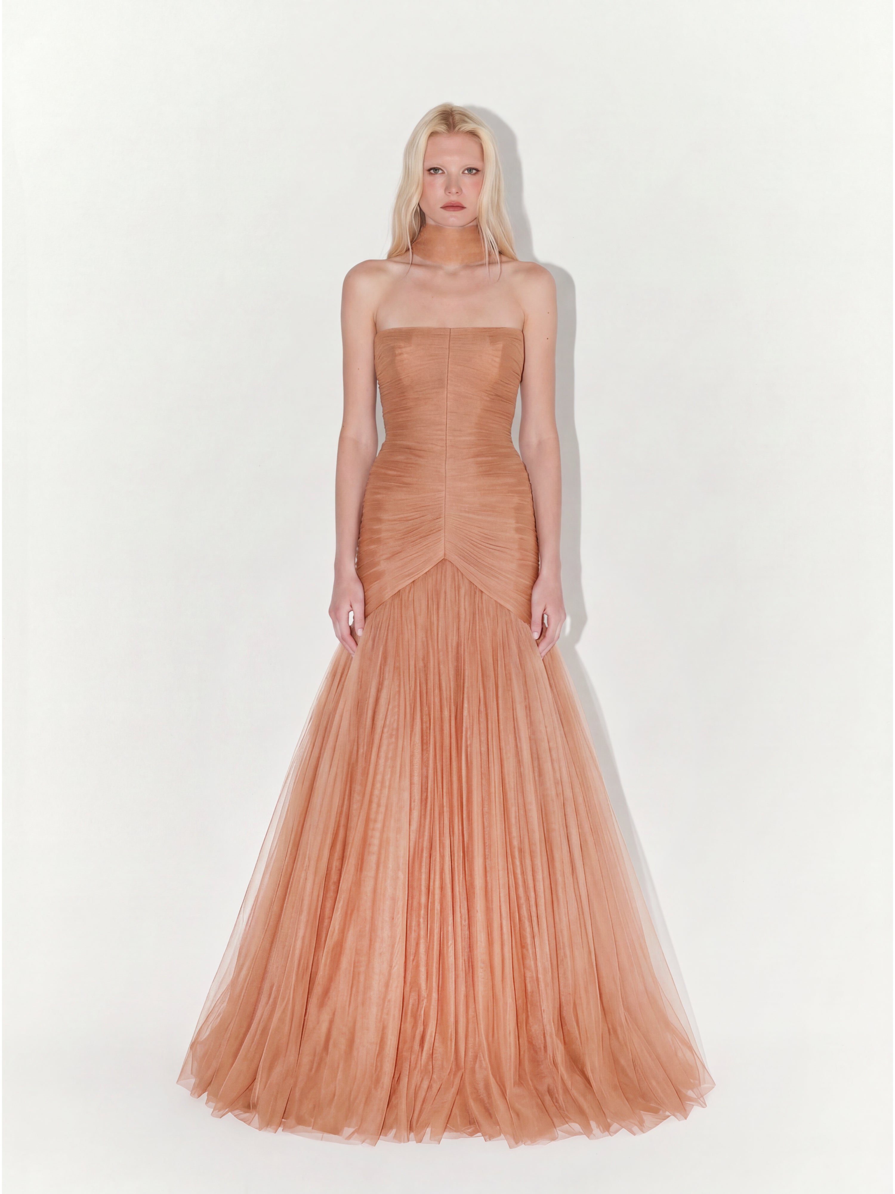 Draped Strapless Tulle Gown with Scarf In Apricot
