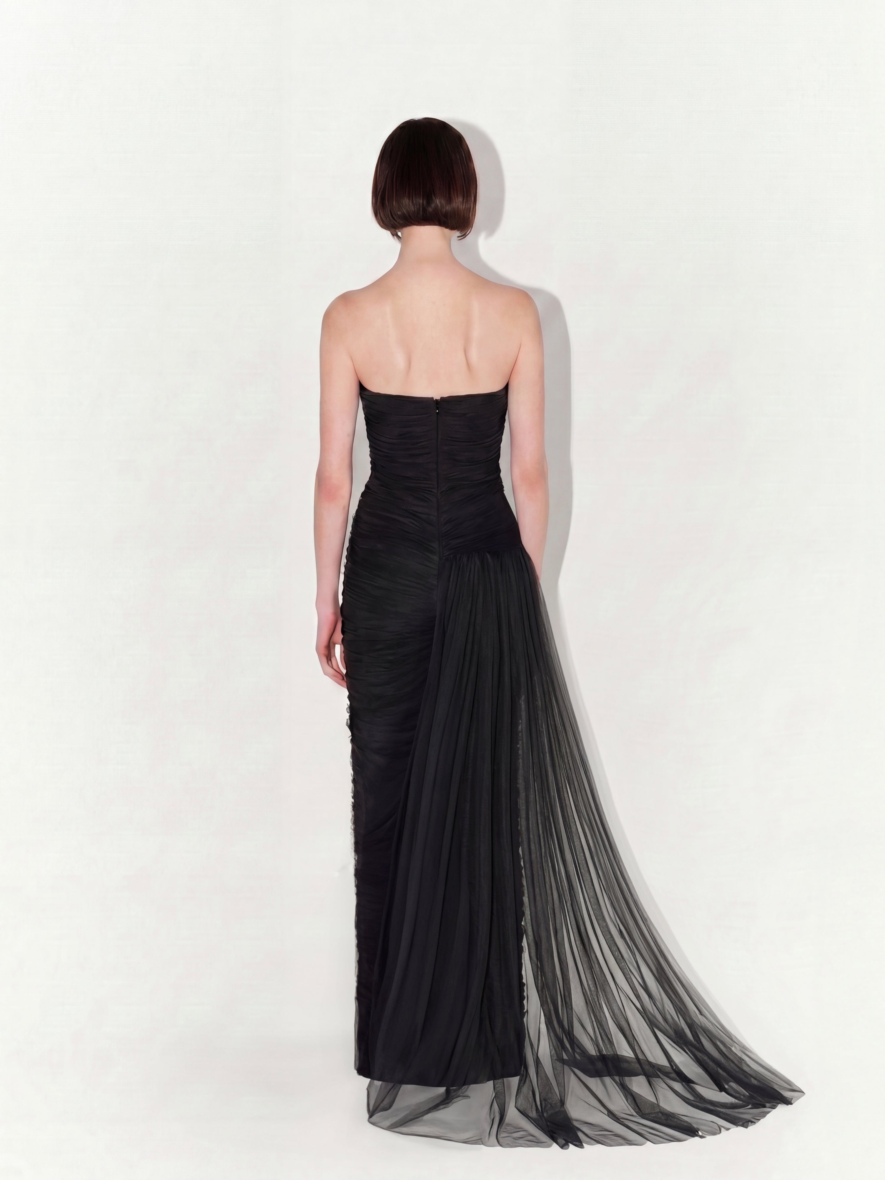 Draped Tulle Couture Gown with Train In Black
