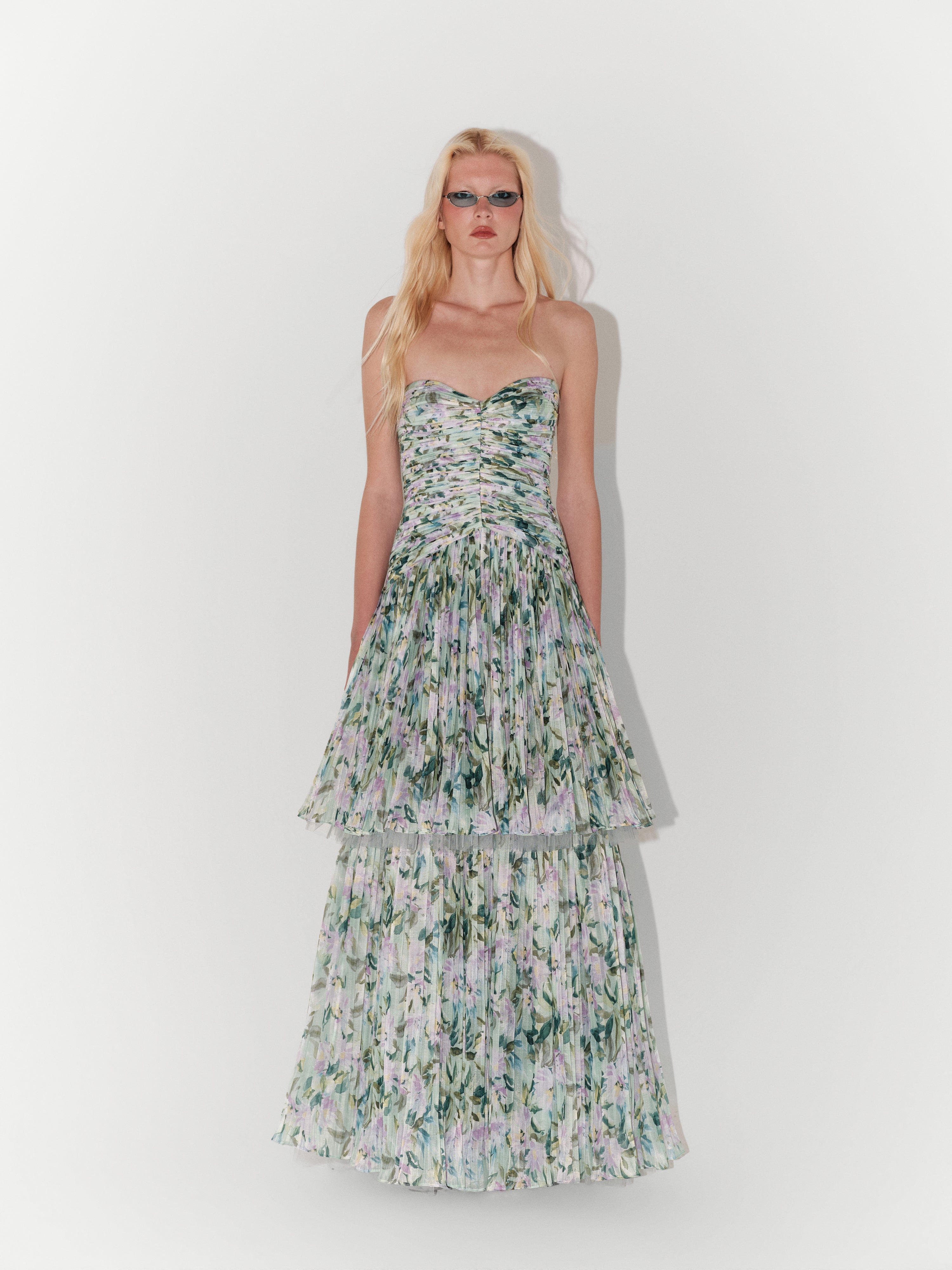 Layered Floral-Print Organza Gown