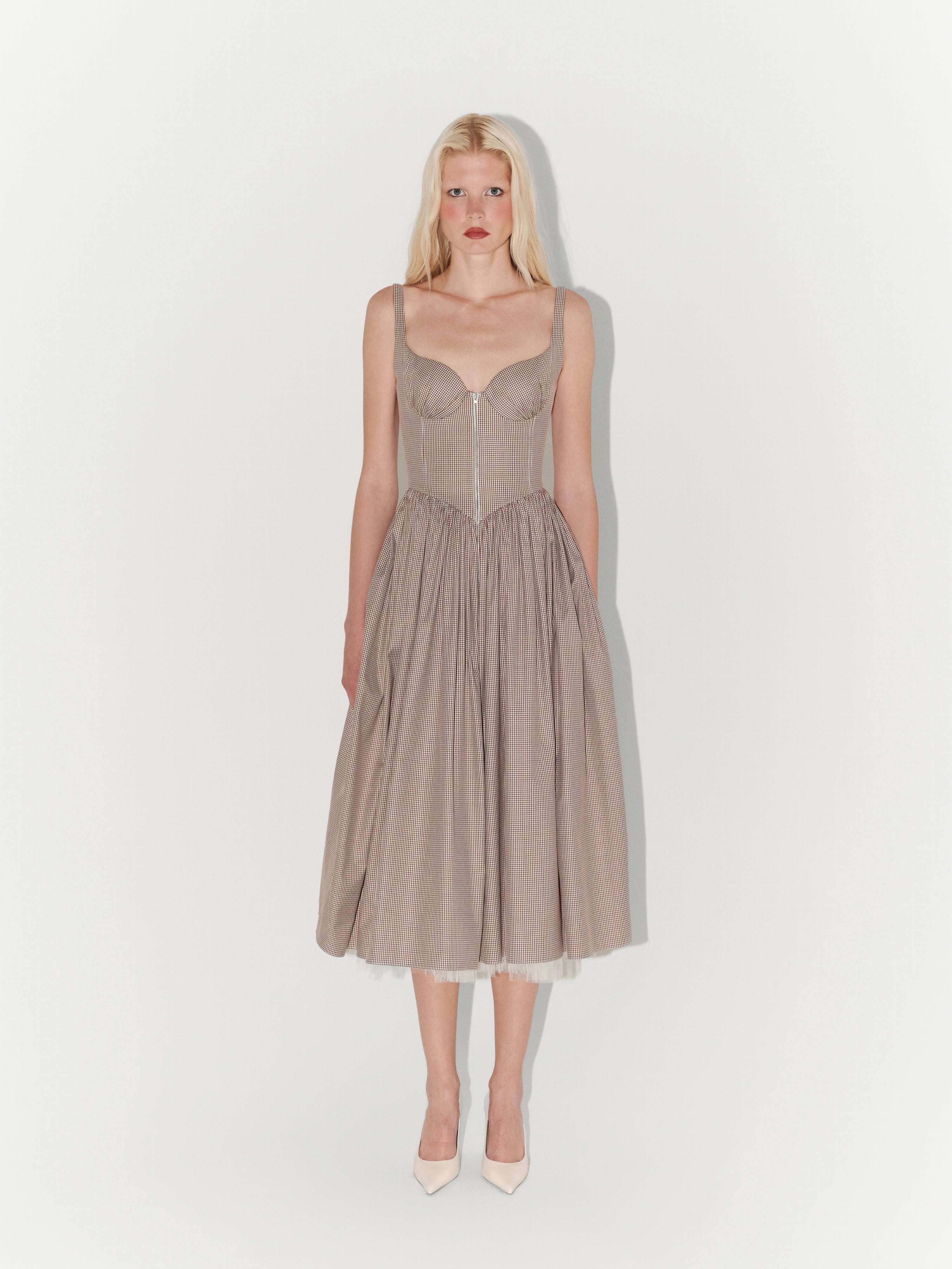 Brown and White Gingham Poplin Midi Dress