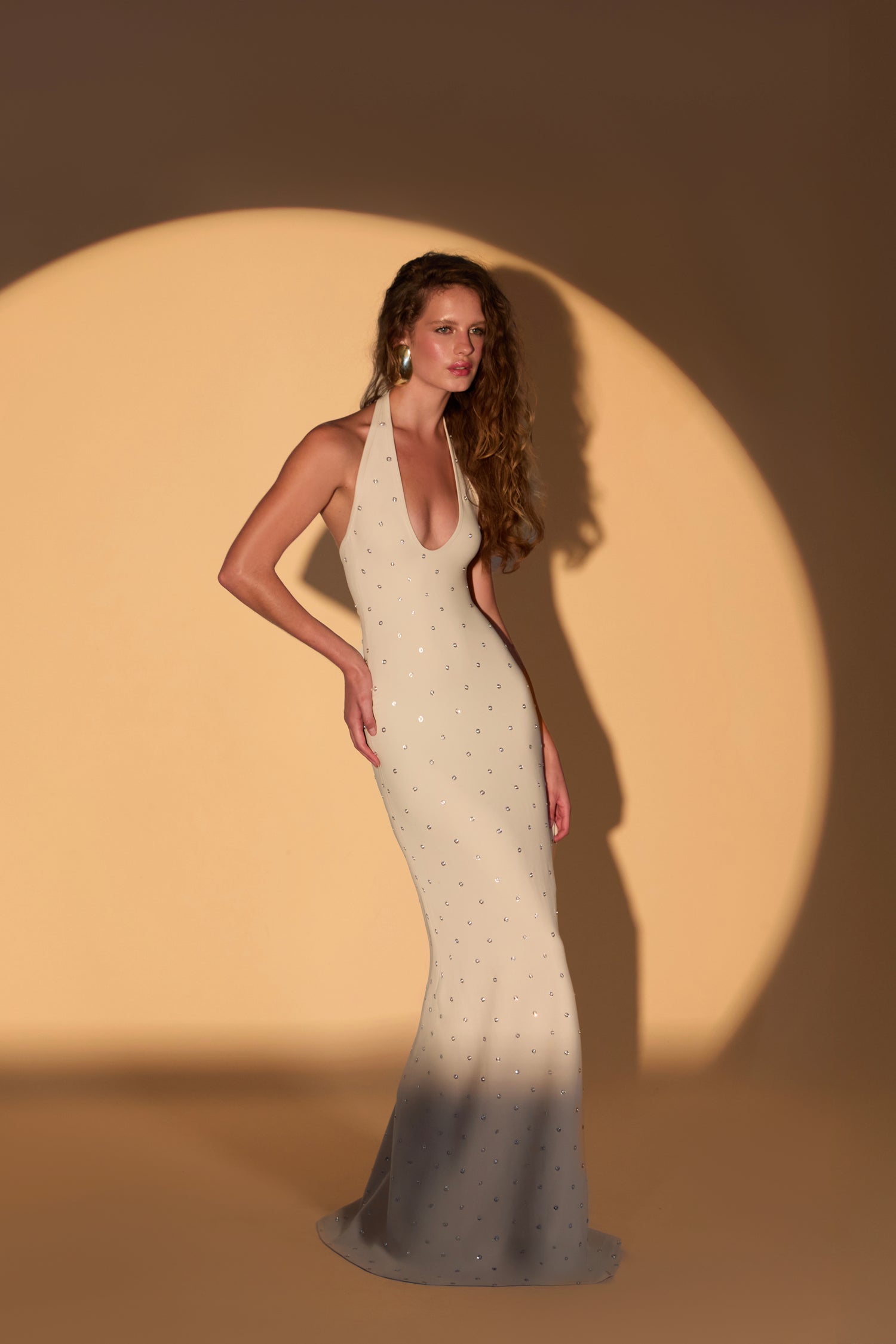 'Nell' Crystal printed crepe deep U halter neck maxi dress