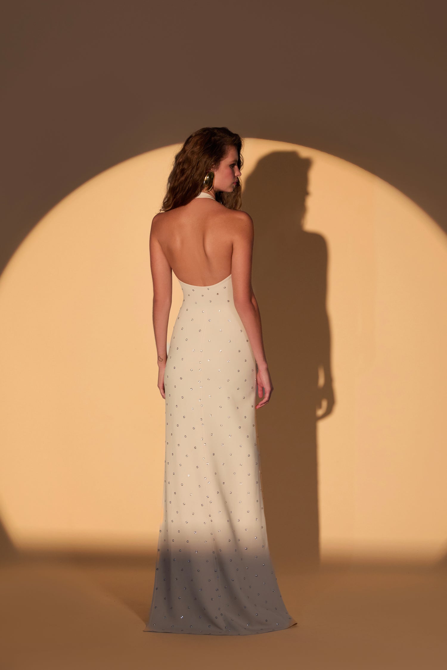 'Nell' Crystal printed crepe deep U halter neck maxi dress
