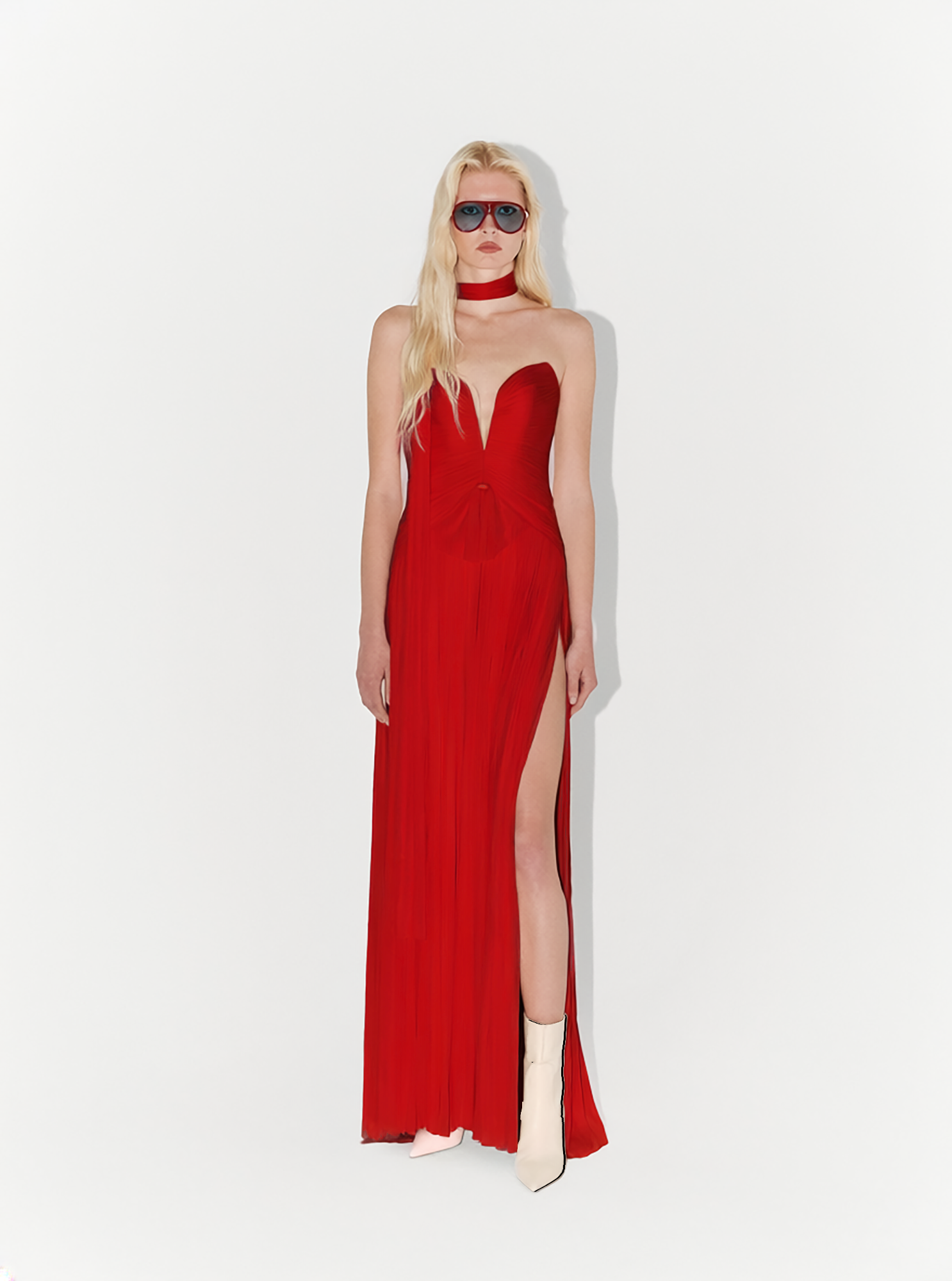 Silk Tulle Flowing Couture Gown In Red