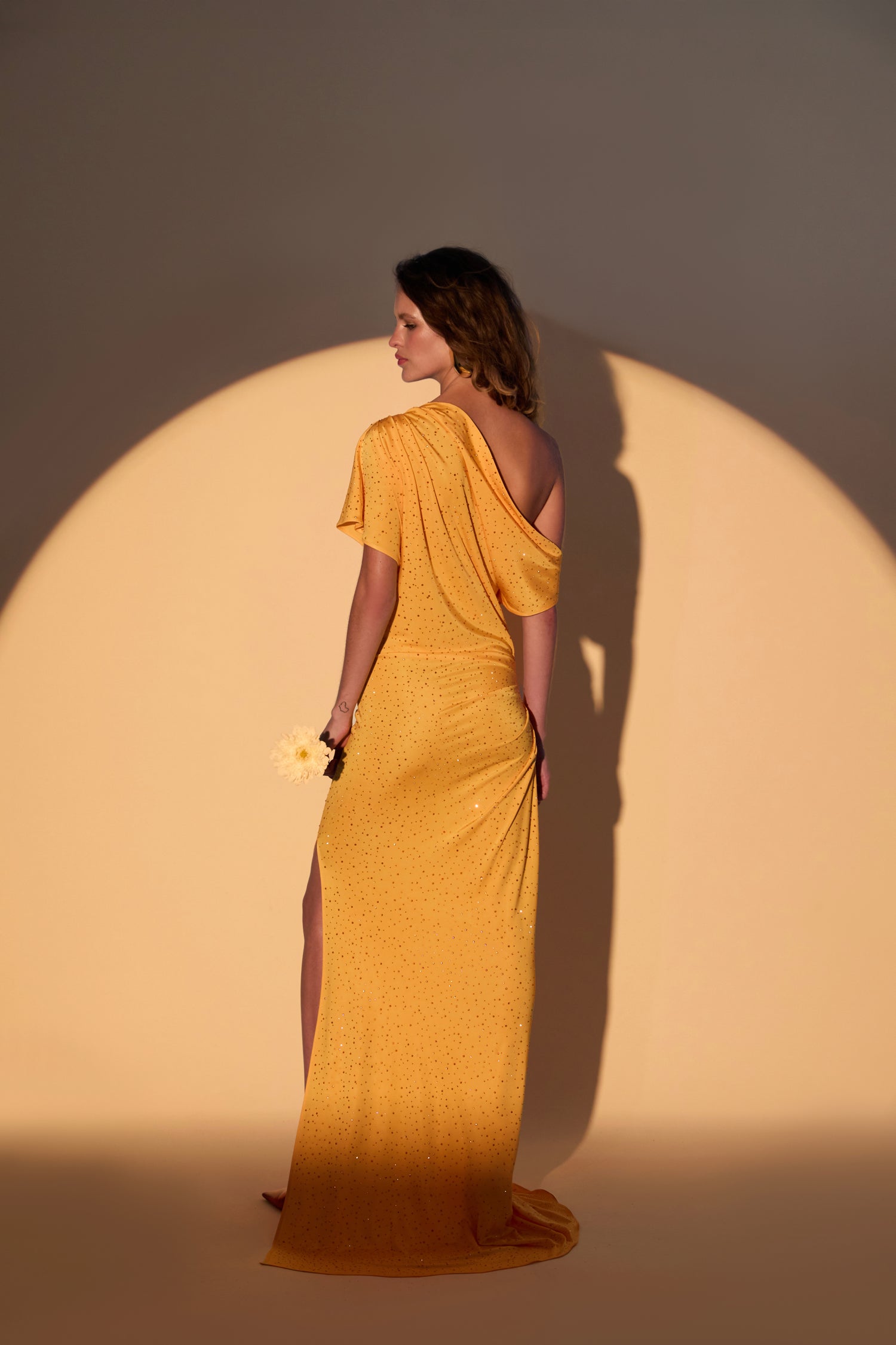 'Sunny' Crystal printed jersey off shoulder maxi dress