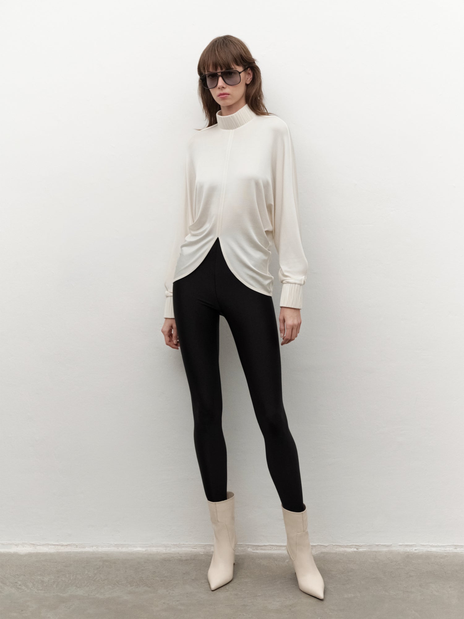 Drape-detail High-neck Batwing Sleeve Blouse in Cream