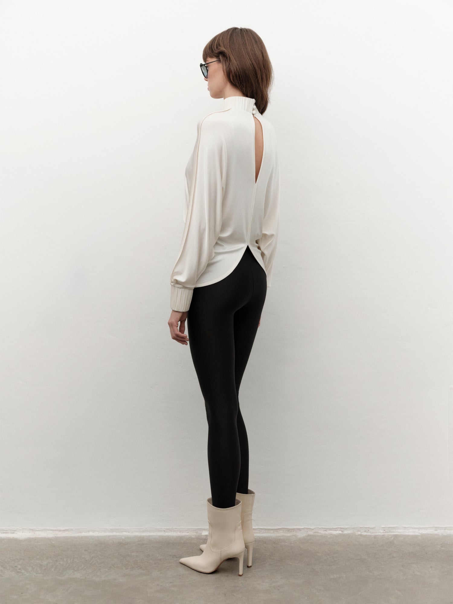 Drape-detail High-neck Batwing Sleeve Blouse in Black