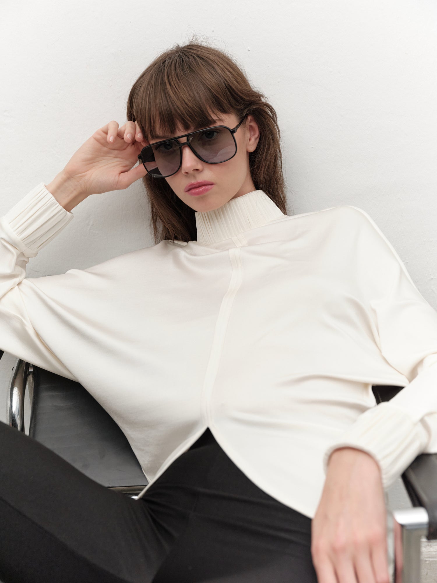 Drape-detail High-neck Batwing Sleeve Blouse in Black