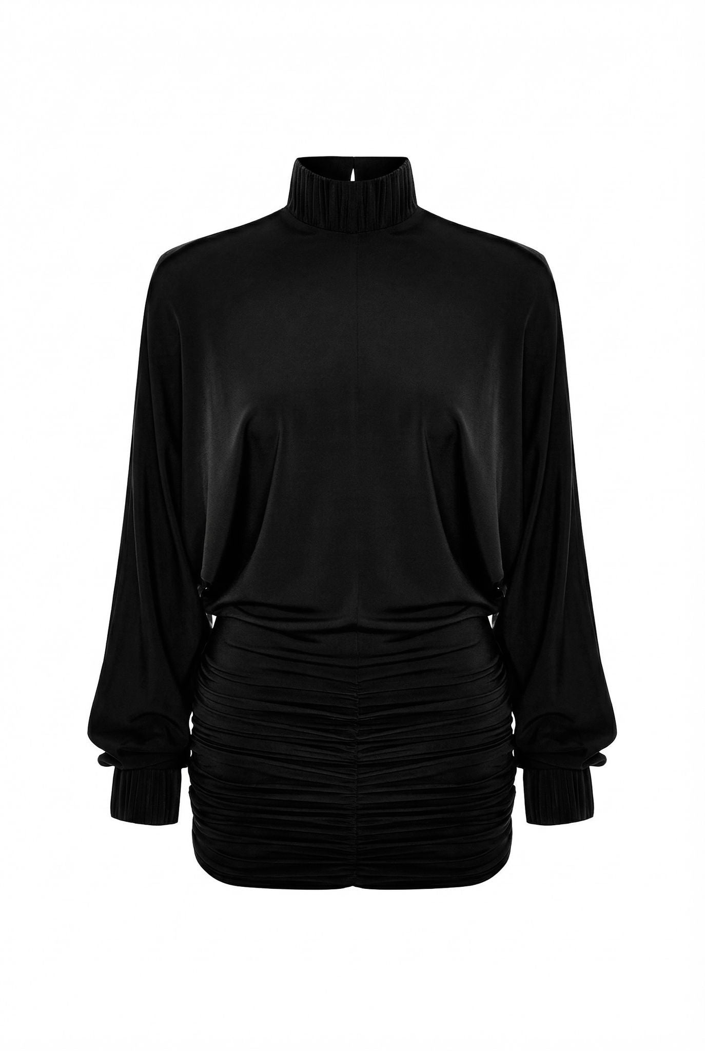 Drape-detailed High-neck Batwing Sleeve Mini Dress in Black
