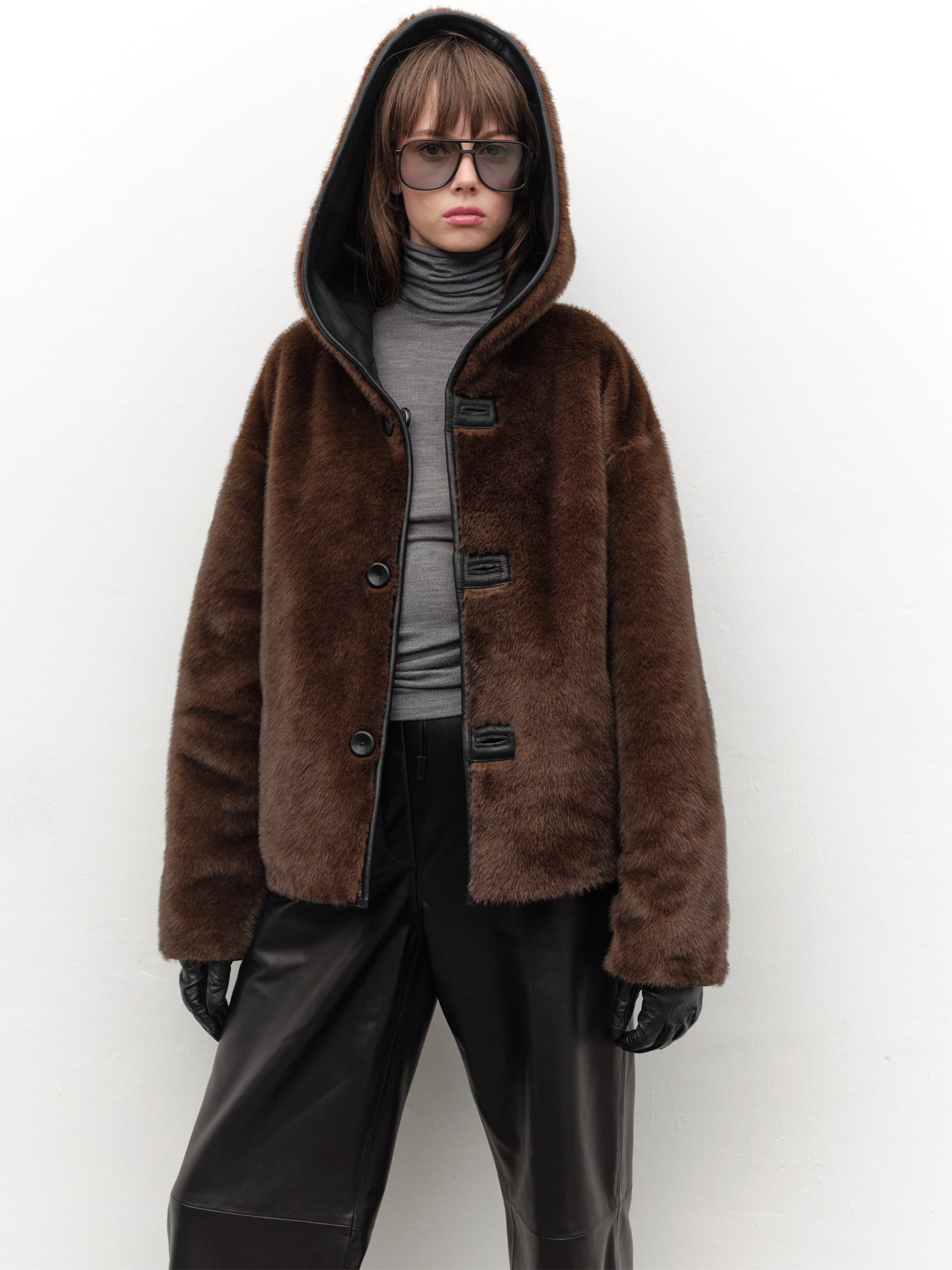 Reversible Hooded Leather and Faux Fur Jacket