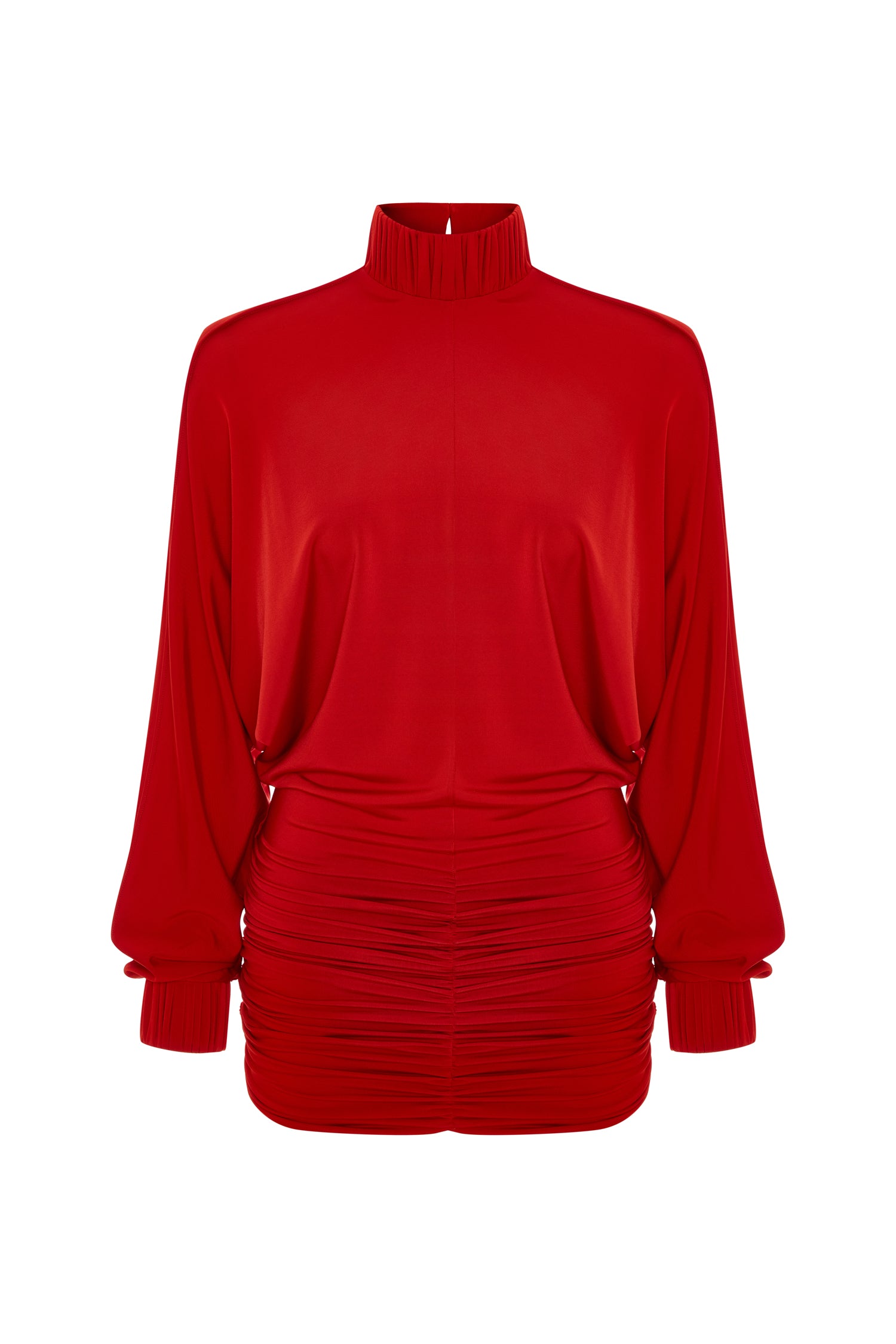 Drape-detailed High-neck Batwing Sleeve Mini Dress in Red