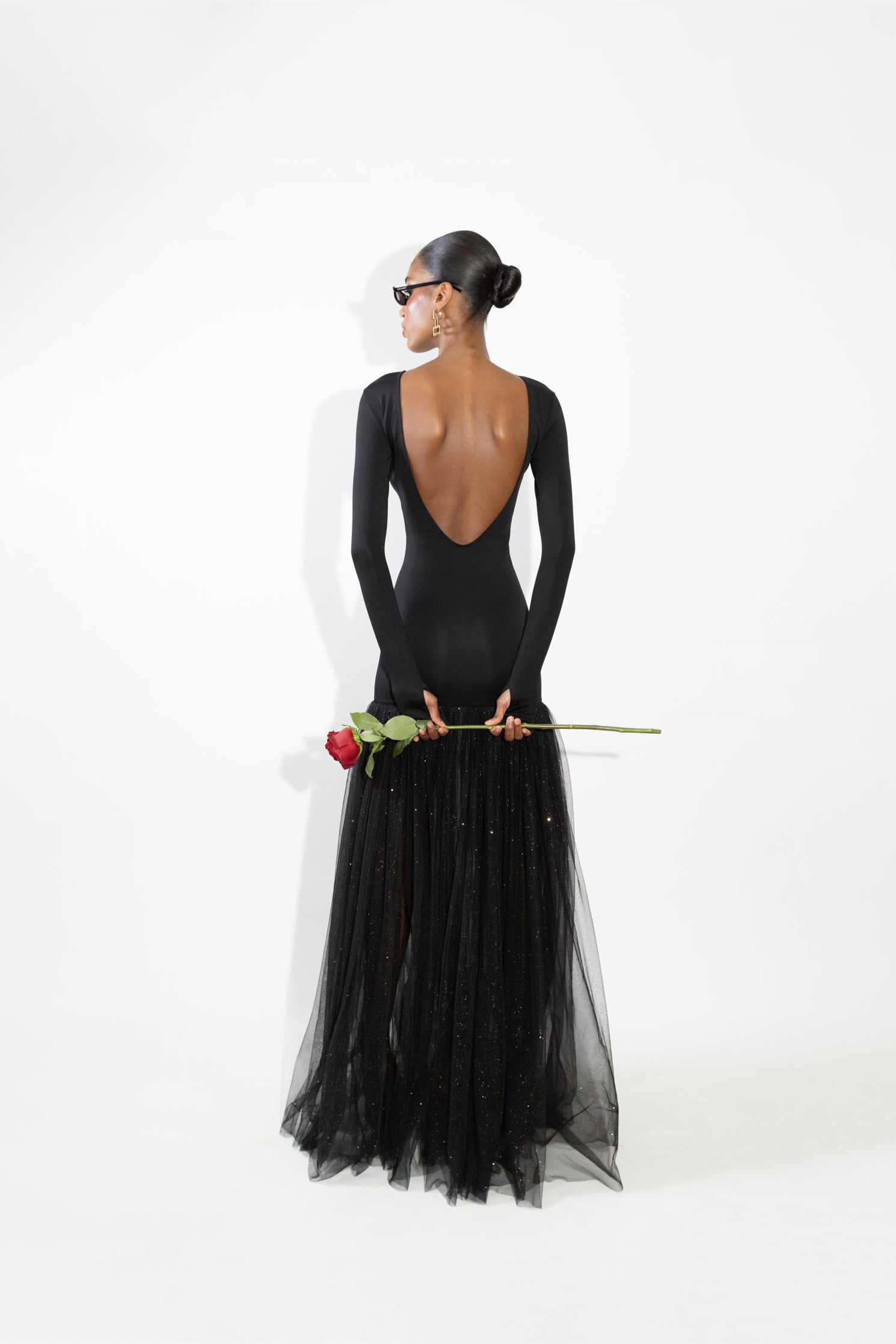 'Abby' Open back jersey and gathered tulle maxi dress