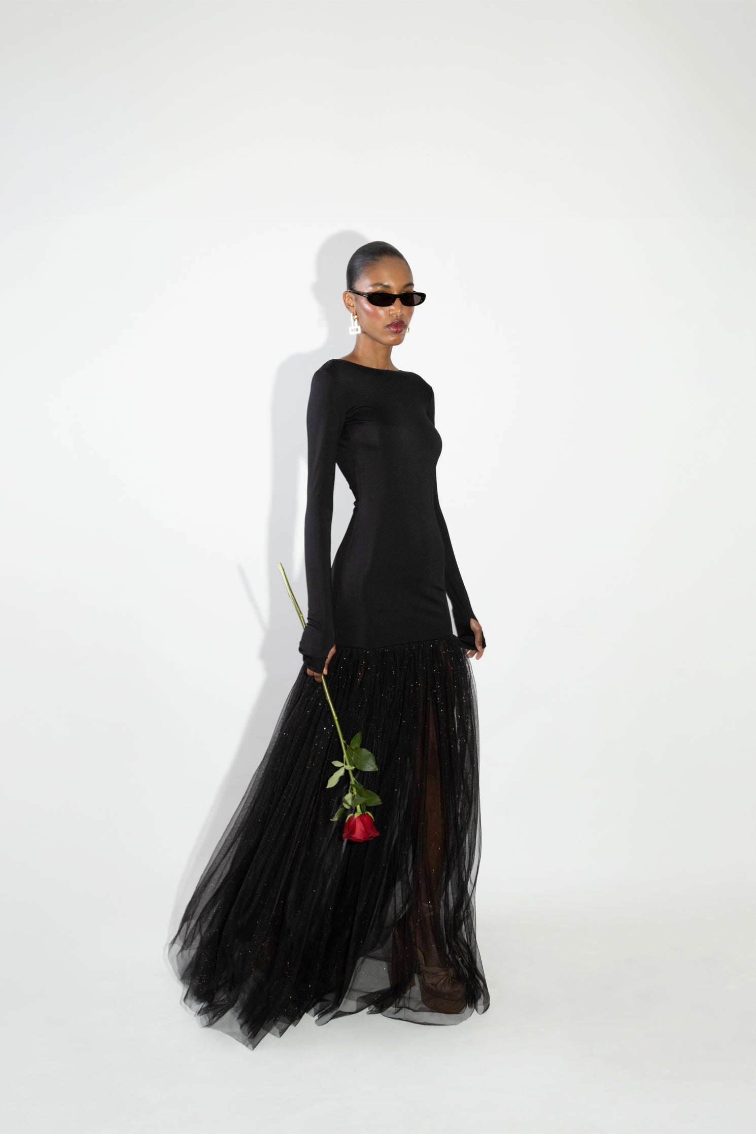 'Abby' Open back jersey and gathered tulle maxi dress