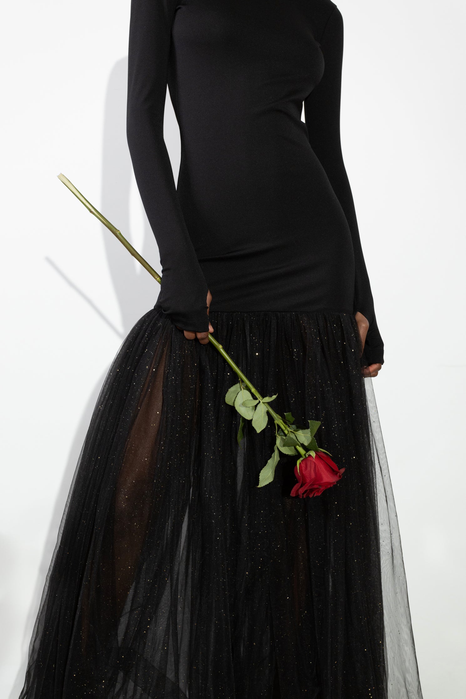 'Abby' Open back jersey and gathered tulle maxi dress