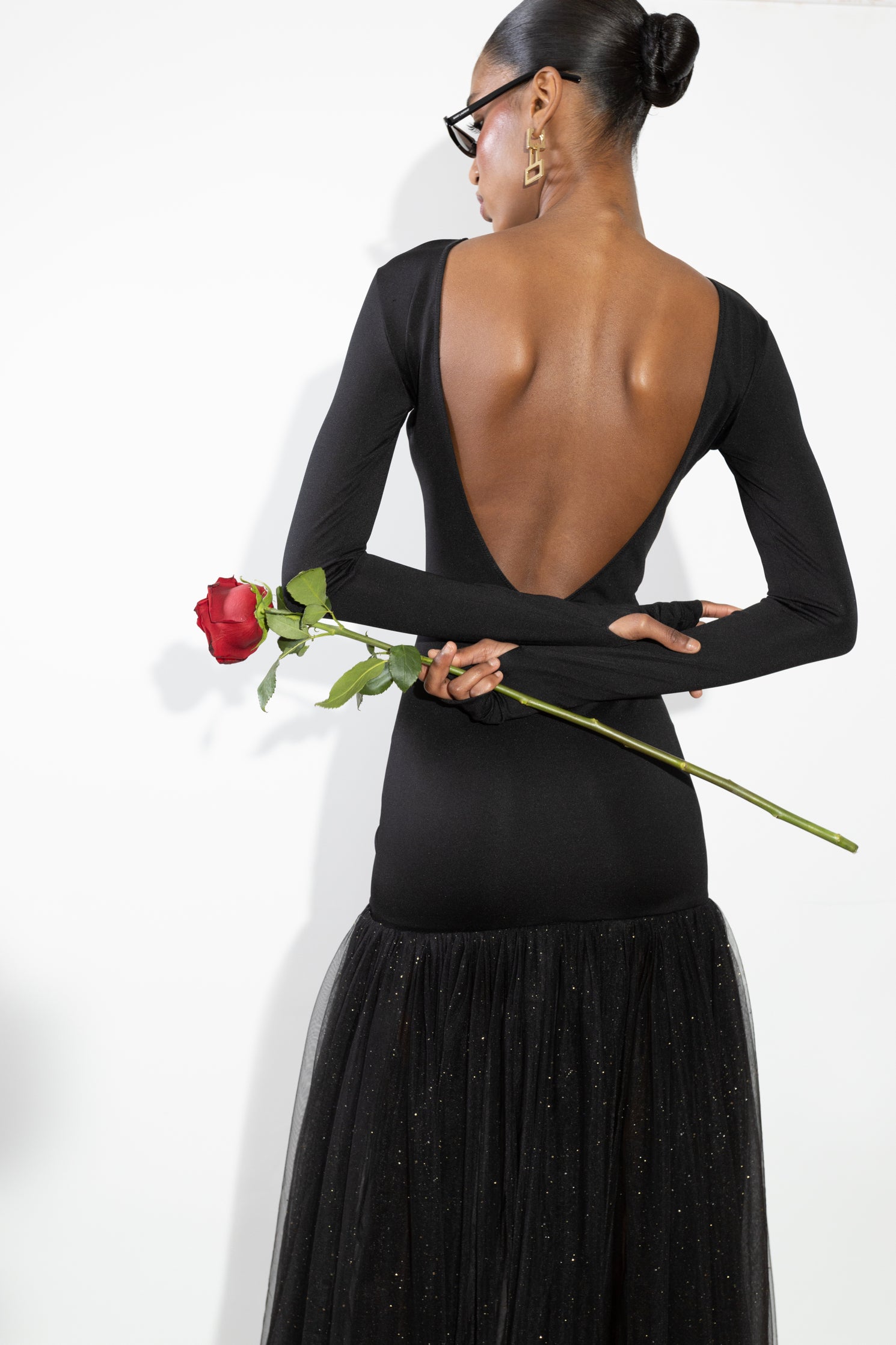 'Abby' Open back jersey and gathered tulle maxi dress