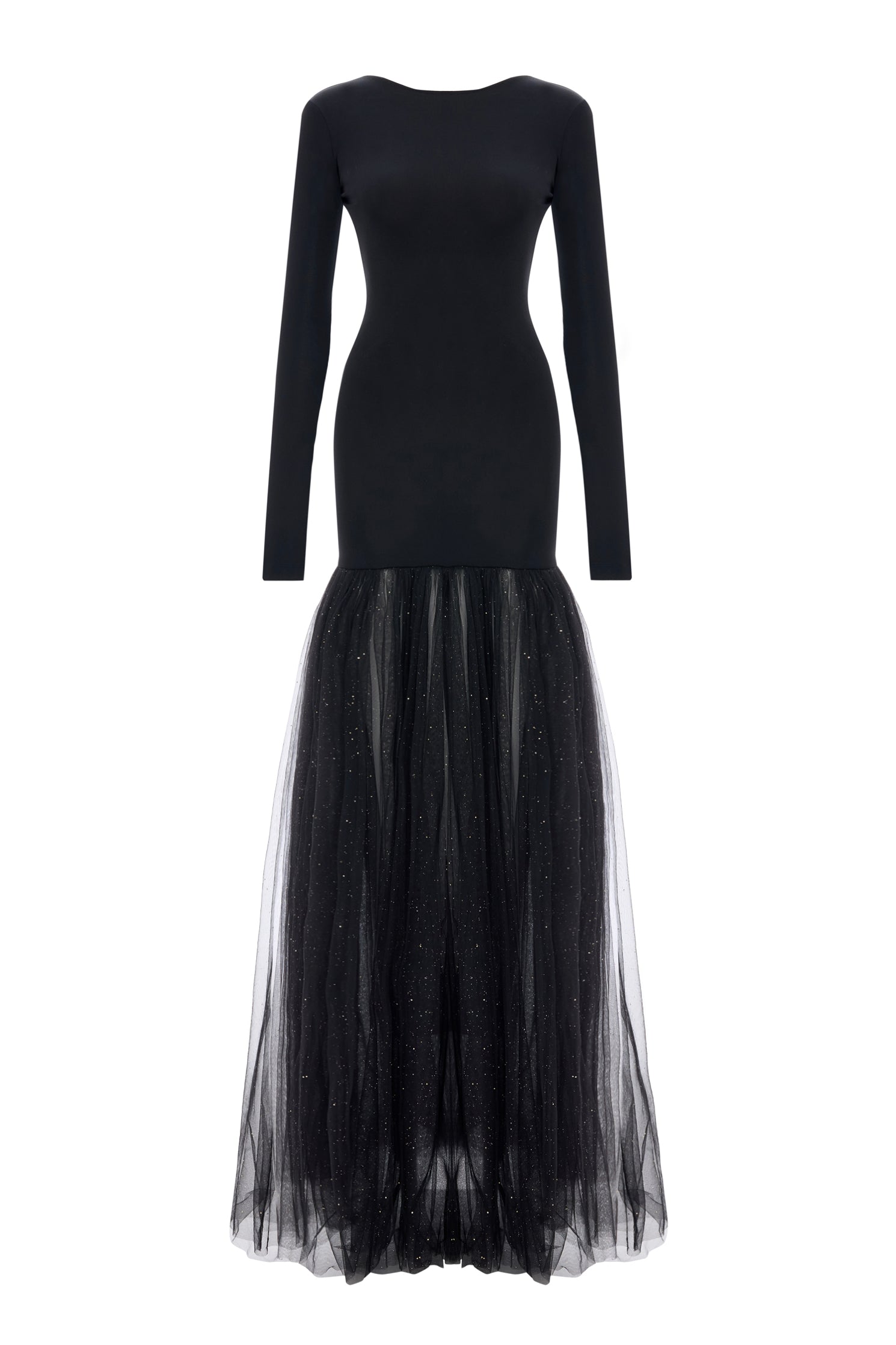 'Abby' Open back jersey and gathered tulle maxi dress