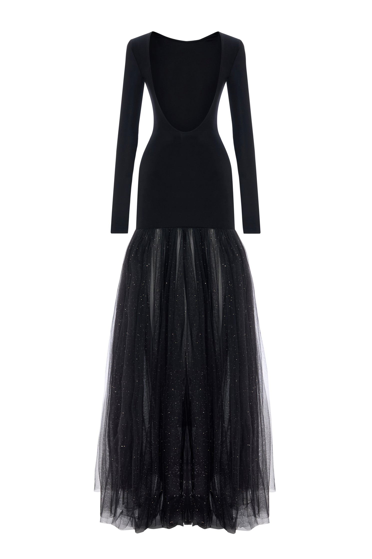 'Abby' Open back jersey and gathered tulle maxi dress