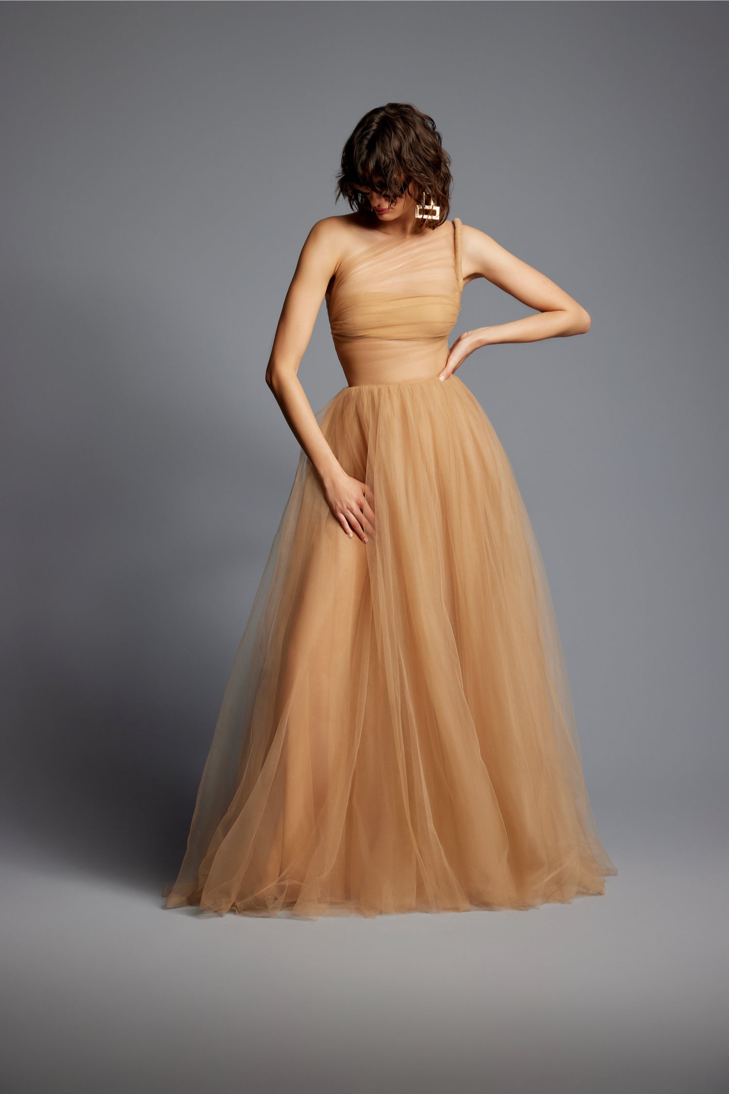 'Amber' One Shoulder Draped Tull Dress