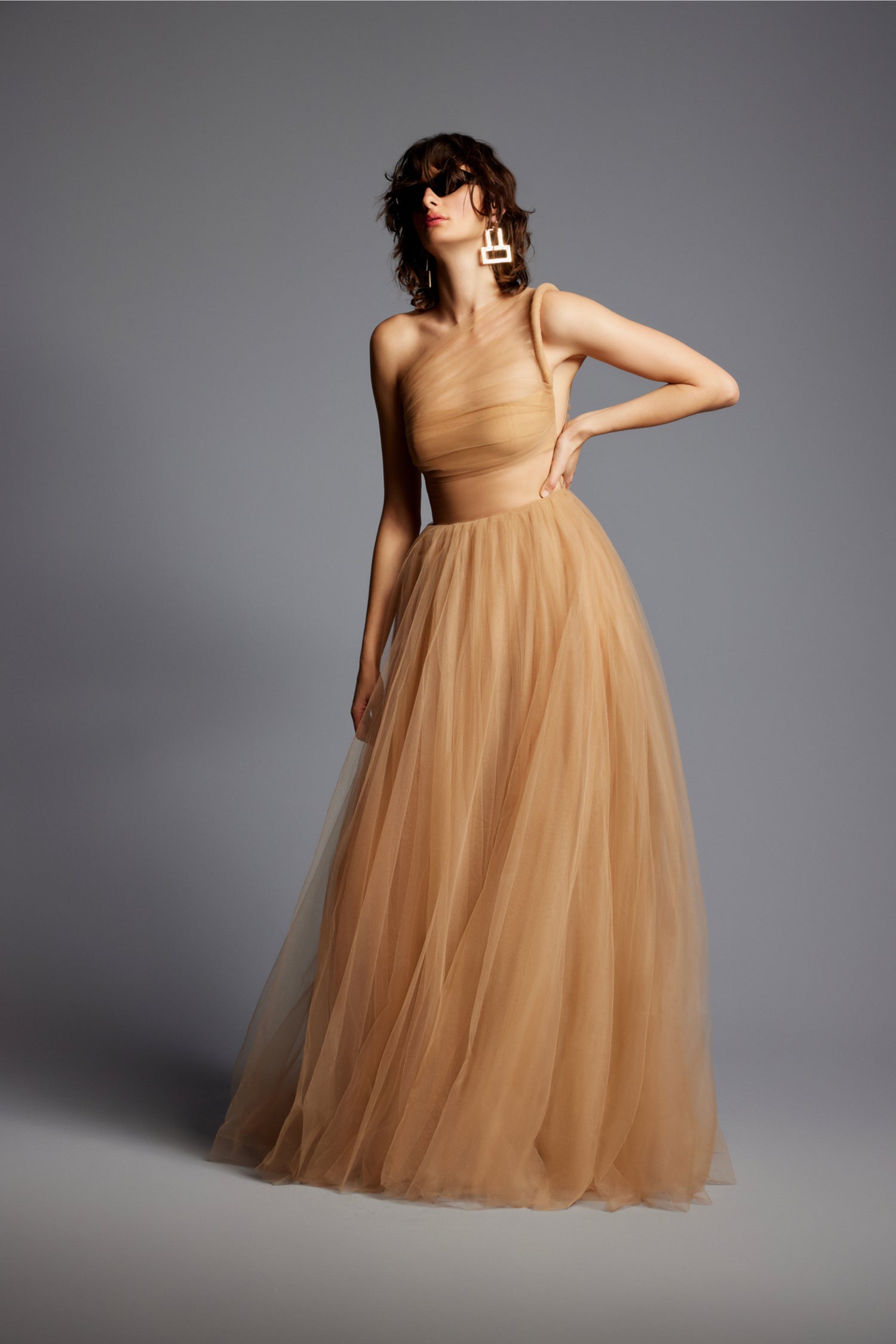 'Amber' One Shoulder Draped Tull Dress