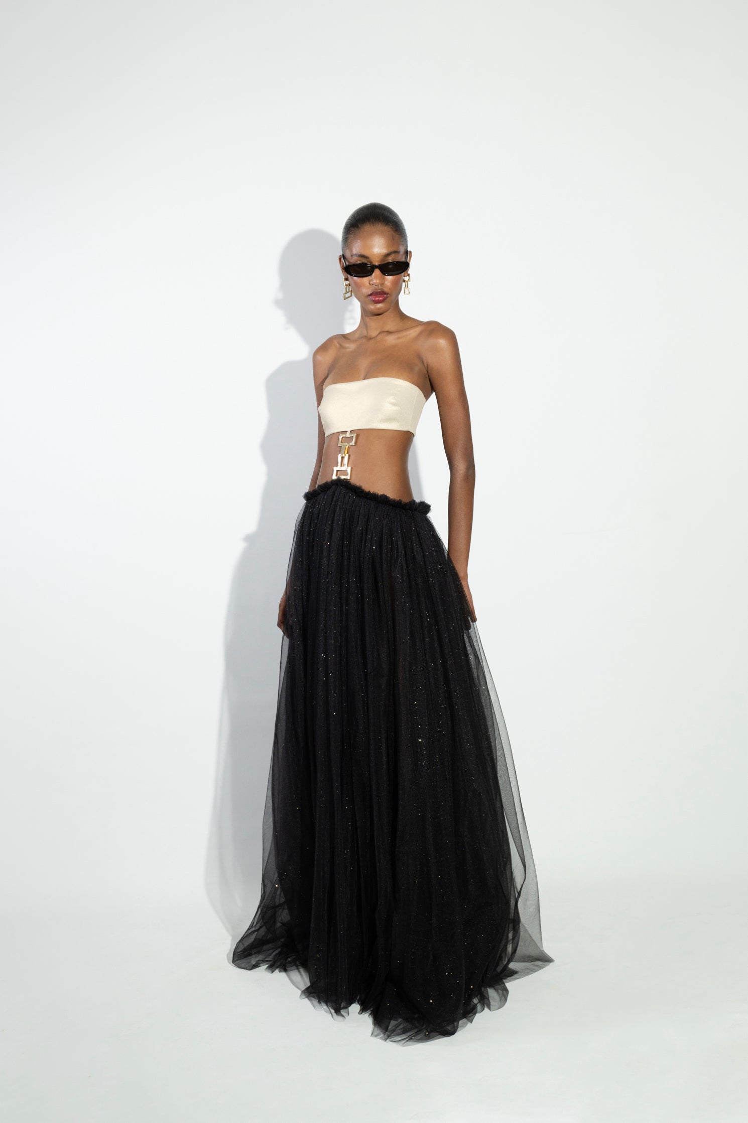 'Ann' Strapless buckled detailed cotton top and tulle maxi dress