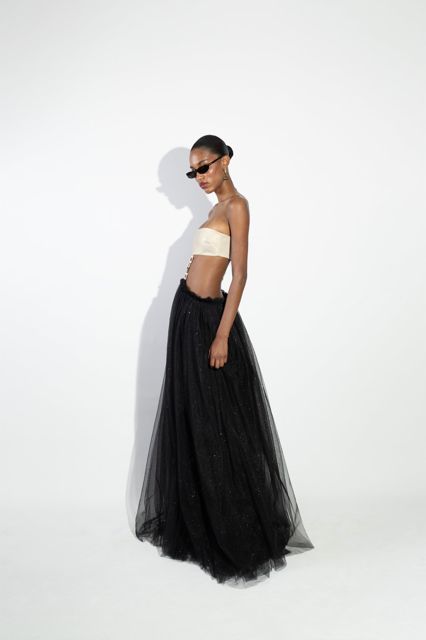 'Ann' Strapless buckled detailed cotton top and tulle maxi dress