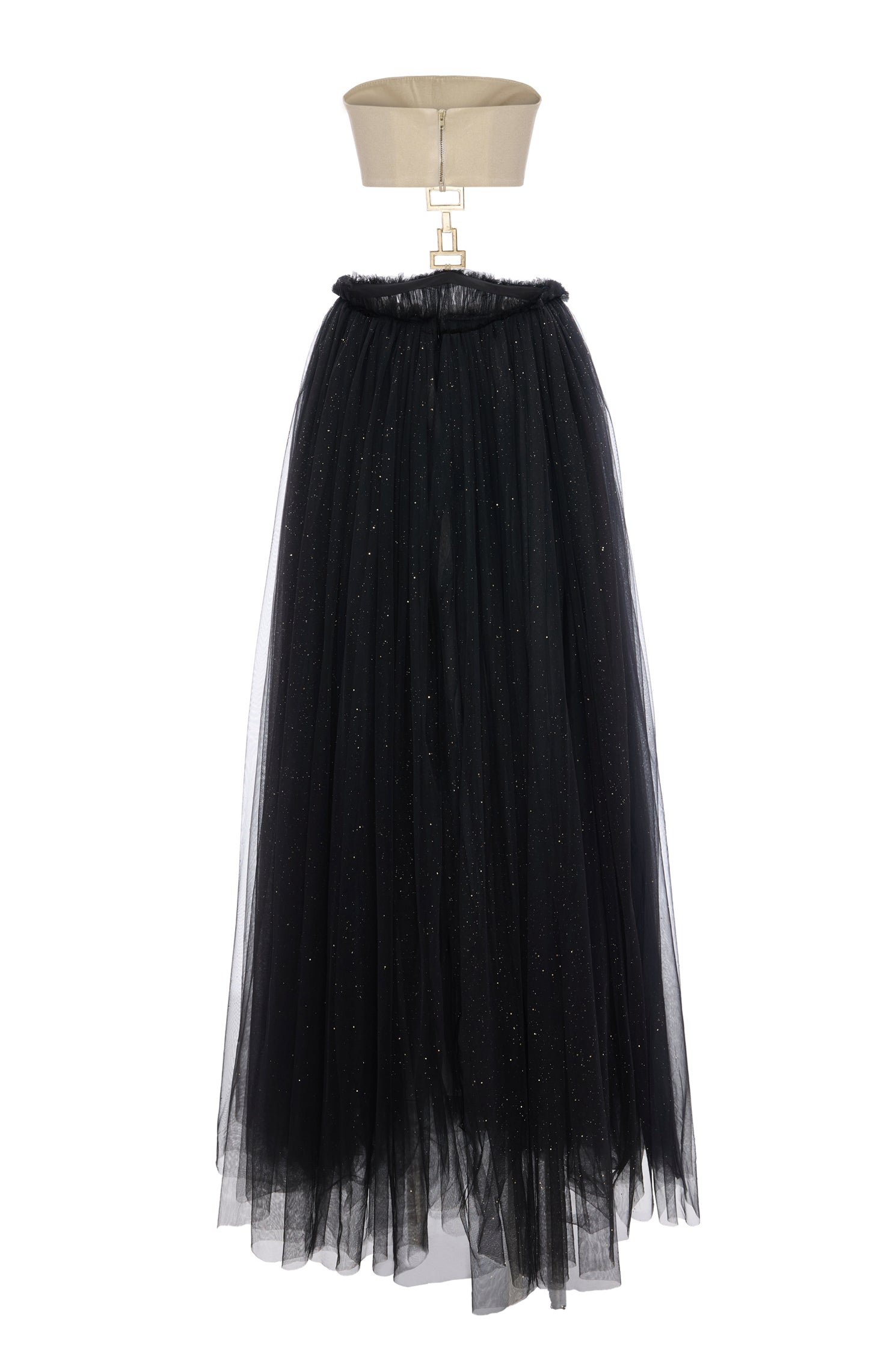 'Ann' Strapless buckled detailed cotton top and tulle maxi dress