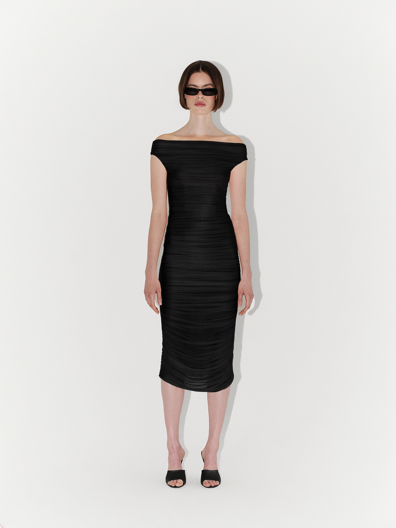 black fitted midi dress Draped Silk Tulle Off-Shoulder Fitted Midi Dress in Black
