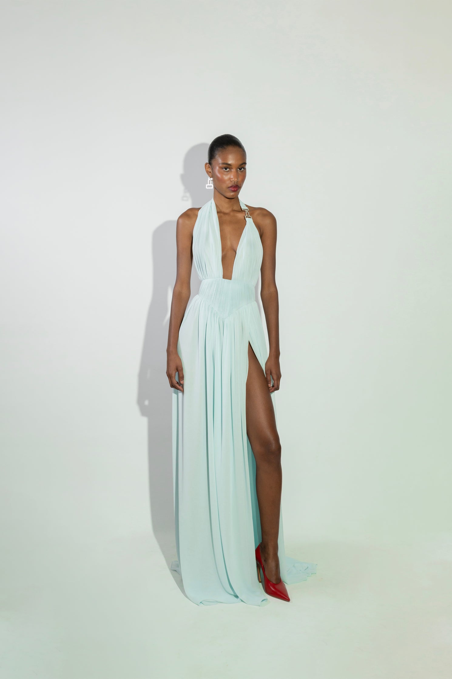 'Bea' Buckled detailed halter chiffon maxi dress