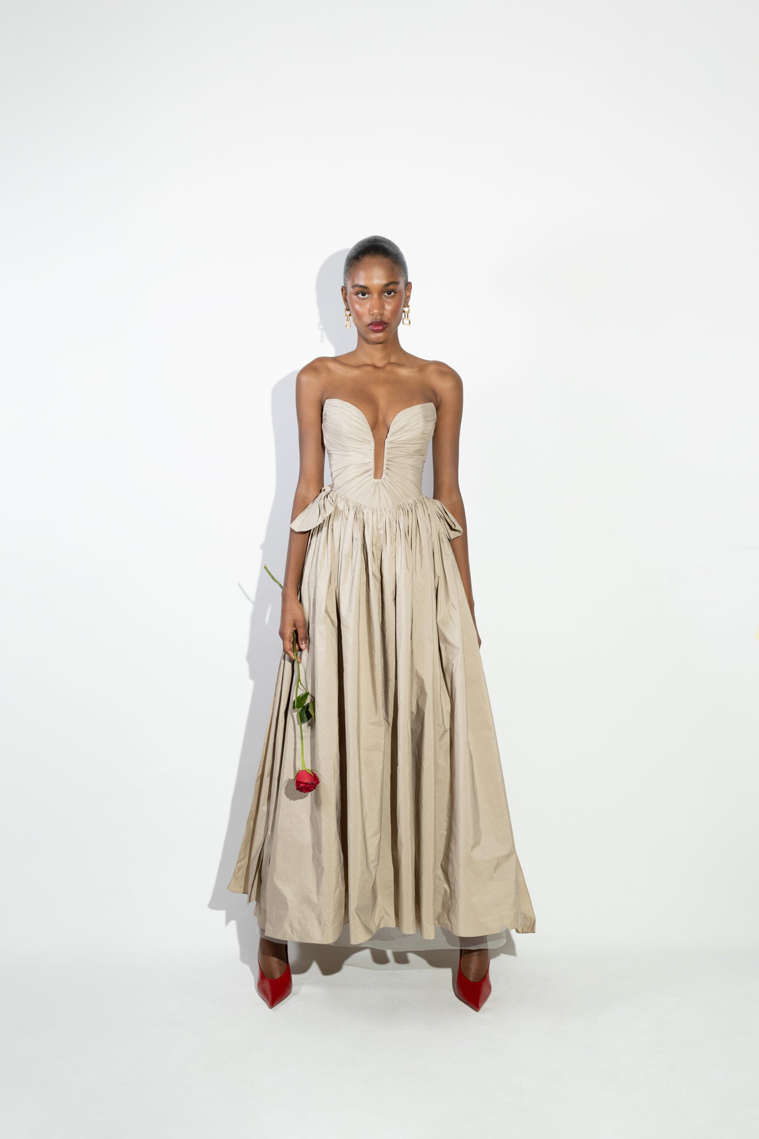 'Cami' Strapless draped taffetta midi dress