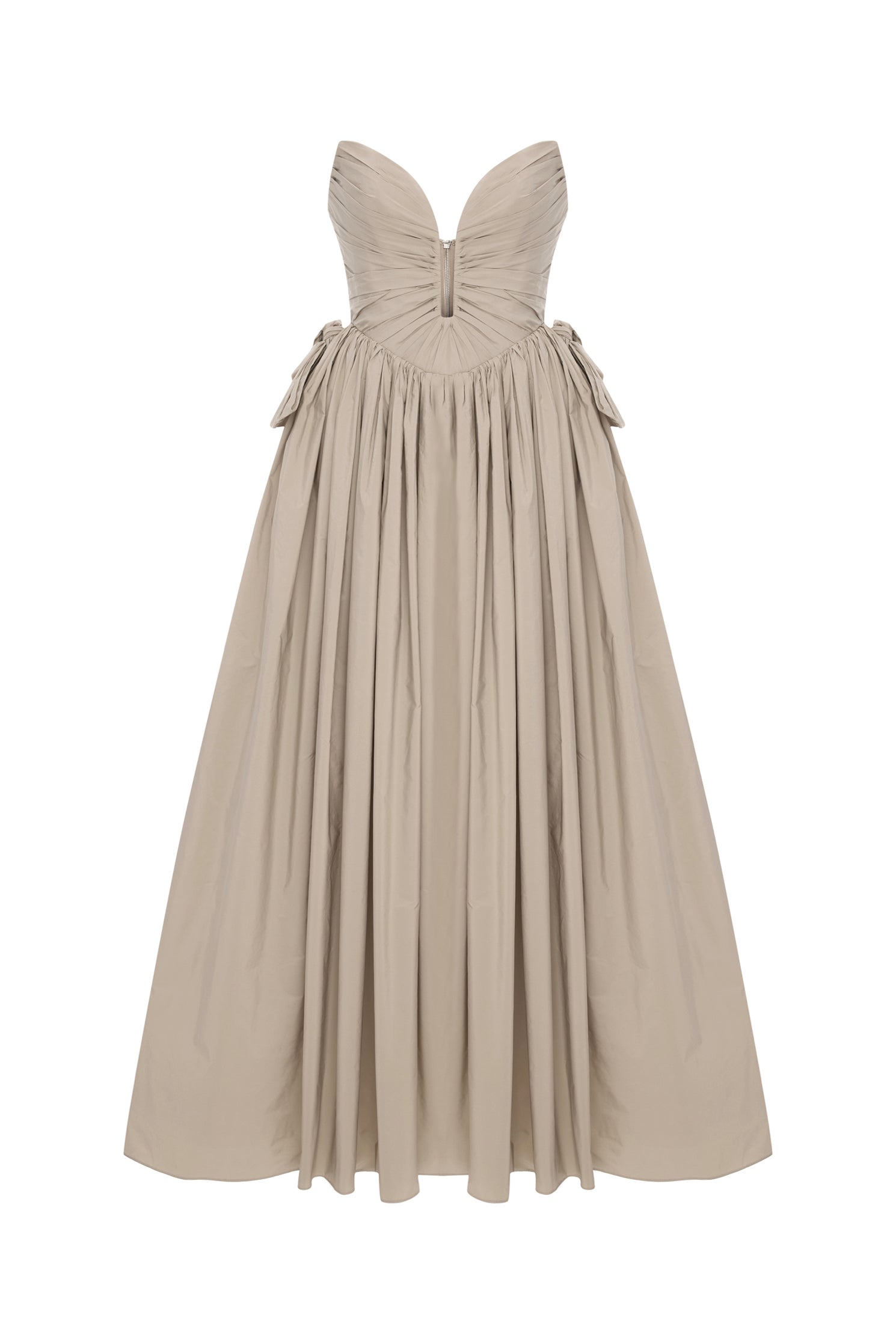 'Cami' Strapless draped taffetta midi dress