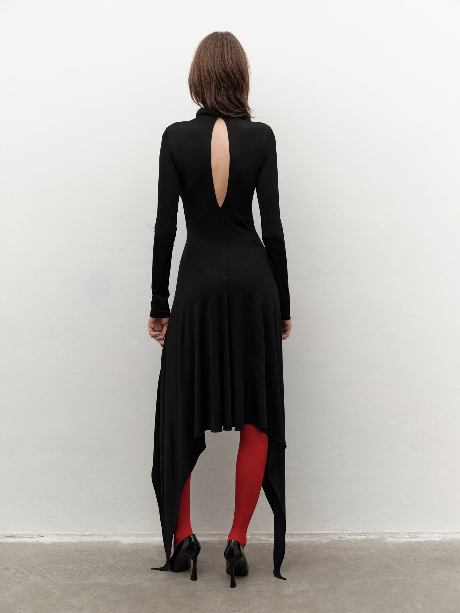 Asymmetric-style Skirted Midi Dress in Black