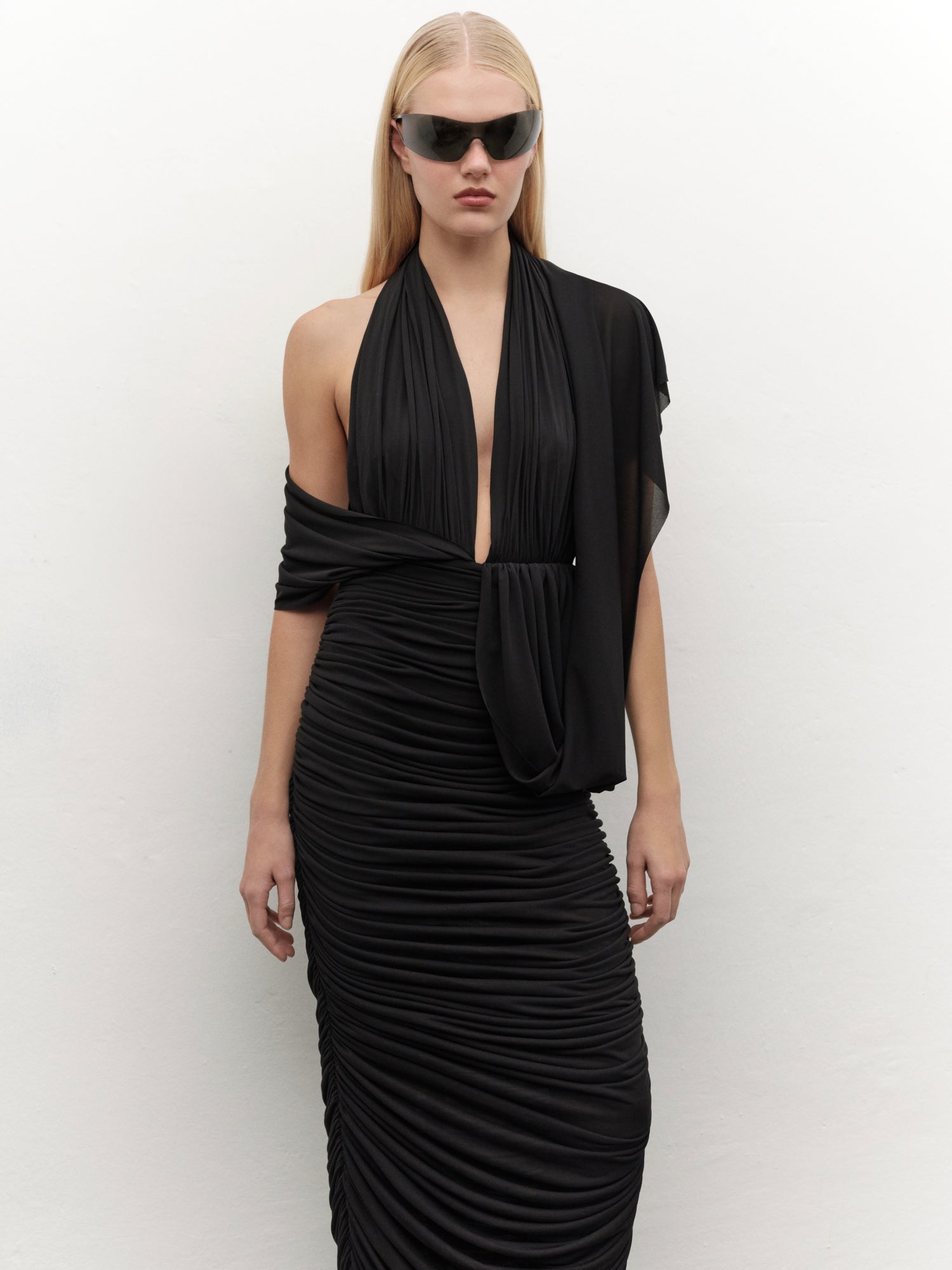Draped Halterneck Maxi Dress in Black