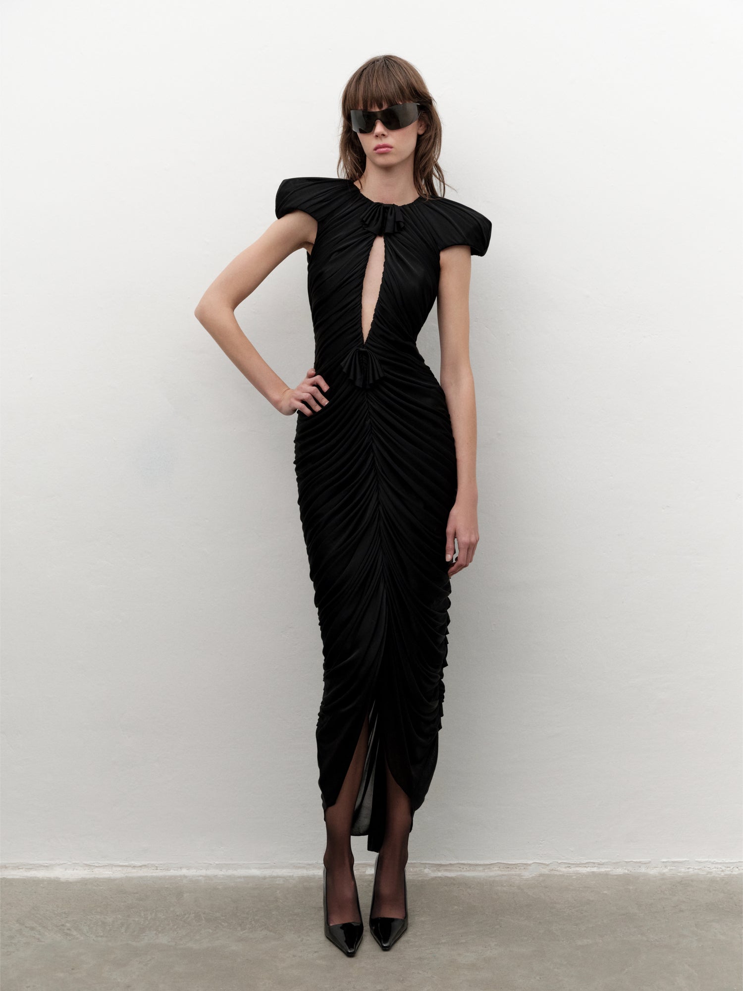 Sculptural-shoulder Draped Maxi Dress in Black