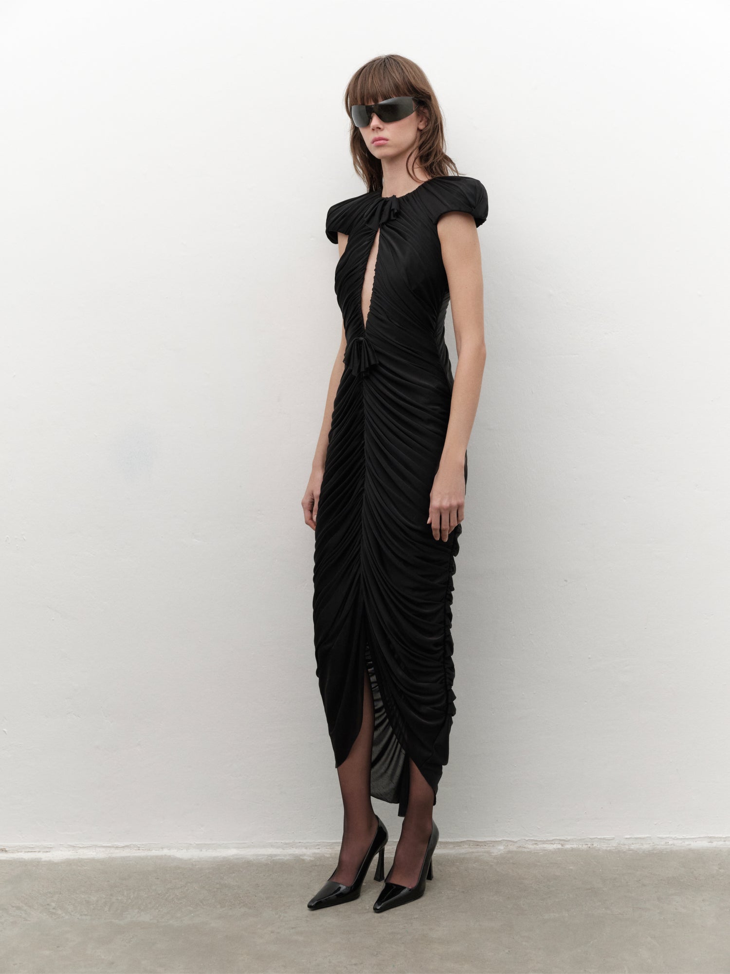 Sculptural-shoulder Draped Maxi Dress in Black