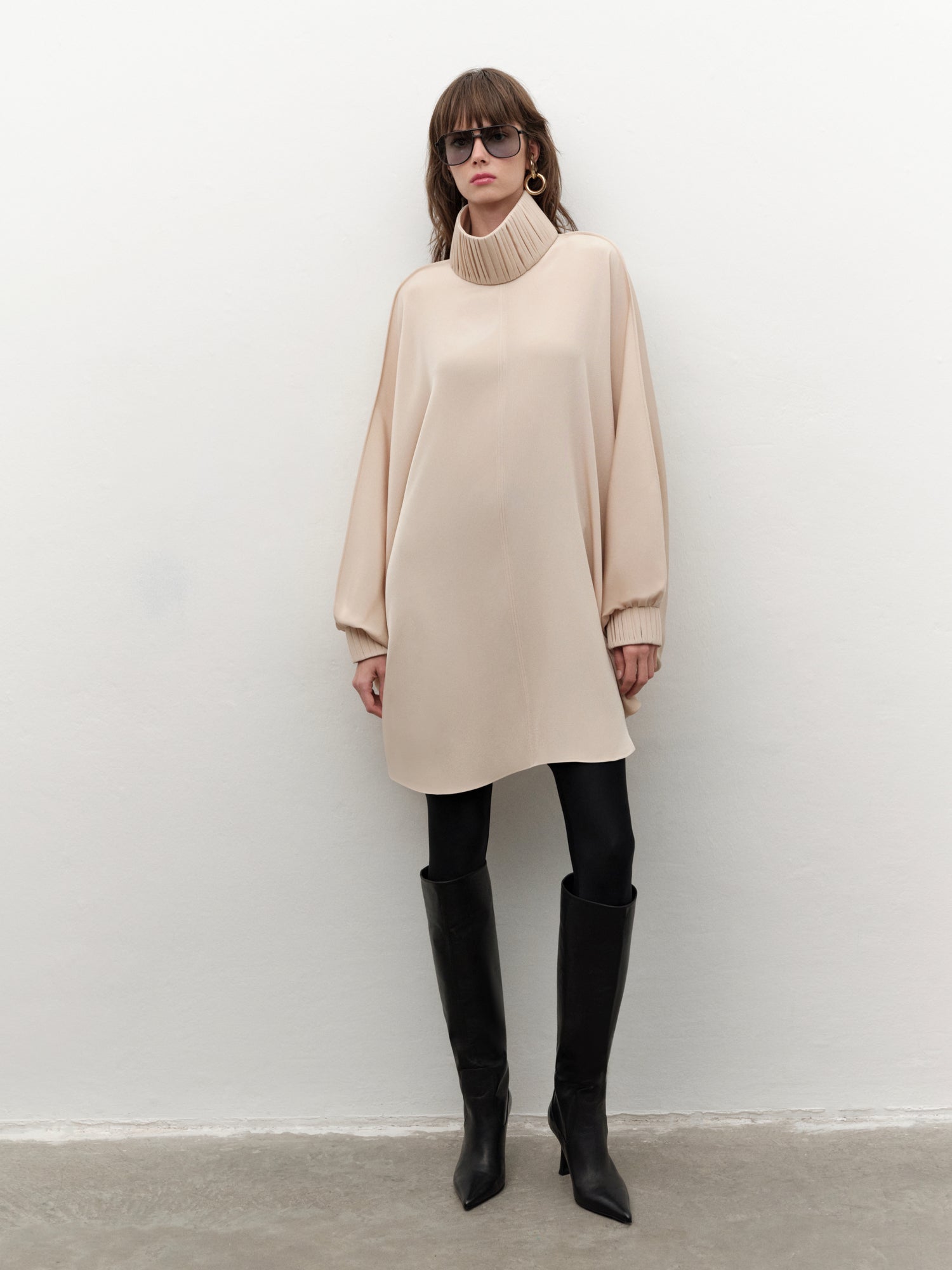 Drape-detailed High-neck Batwing Sleeve Mini Dress in Red